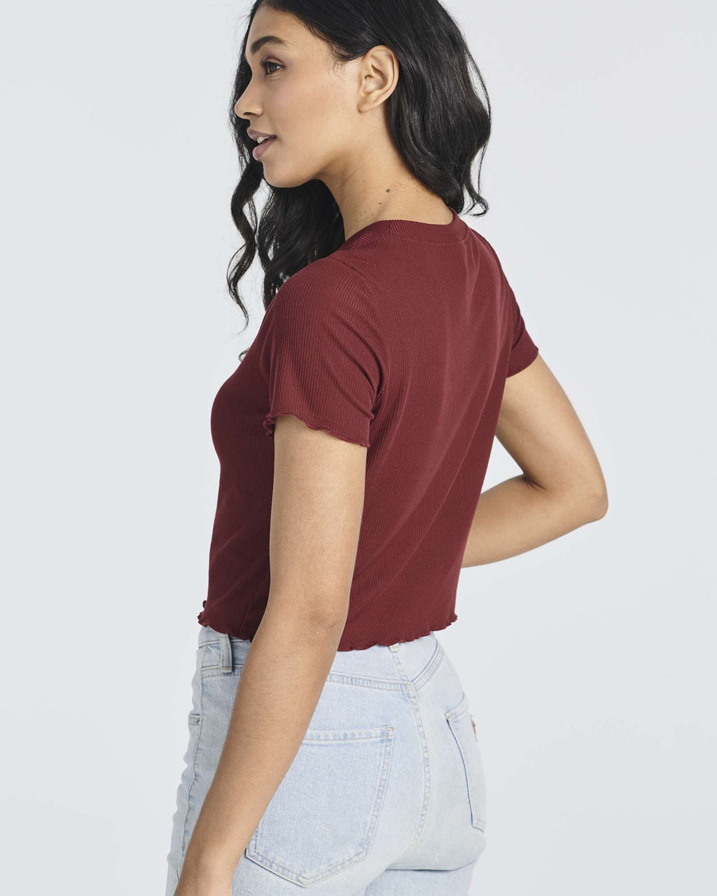 4 Pack: Women's Lettuce Trim Ribbed Knit Short Sleeve Crop Tops