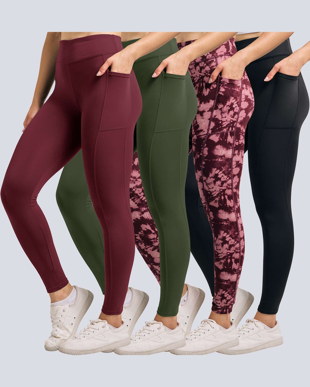4 Pack: Women's Full Length Fitted Athletic Yoga Performance Leggings with Pockets