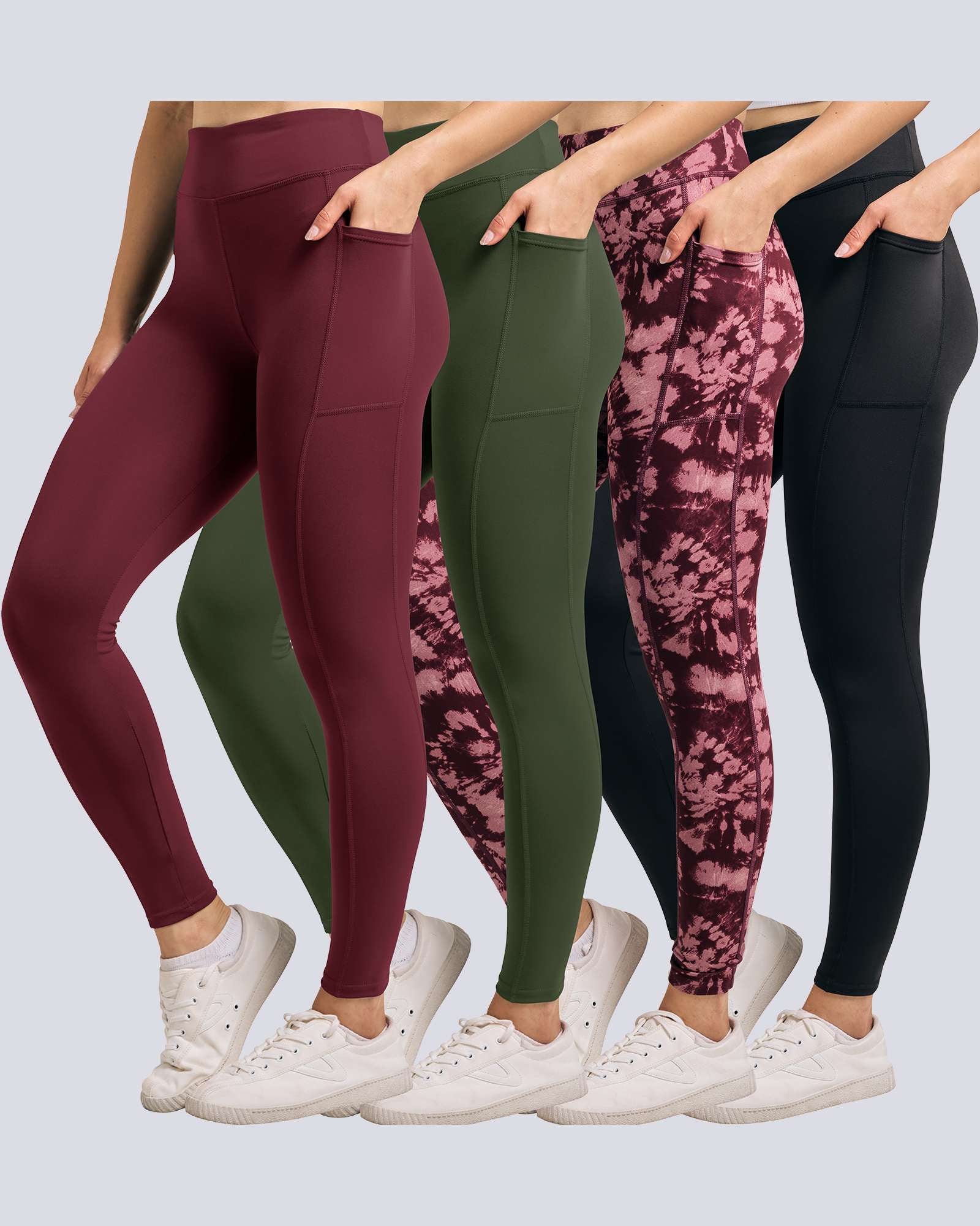 4 Pack: Women's Full Length Fitted Athletic Yoga Performance Leggings with Pockets