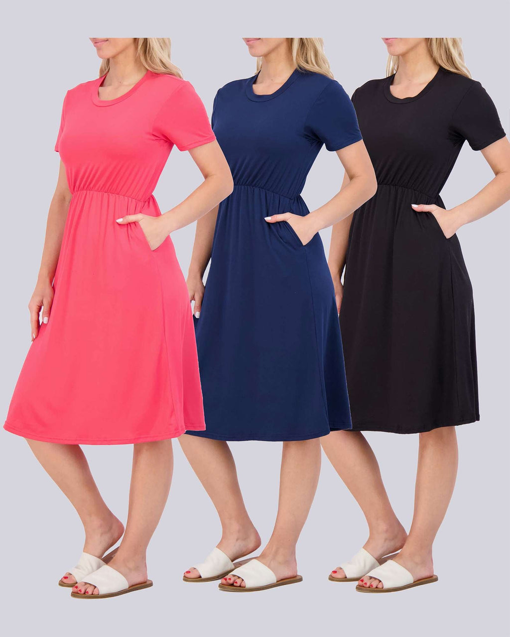 3 Pack: Women's Midi Short Sleeve Soft T-Shirt Dress (Available in Plus Size)
