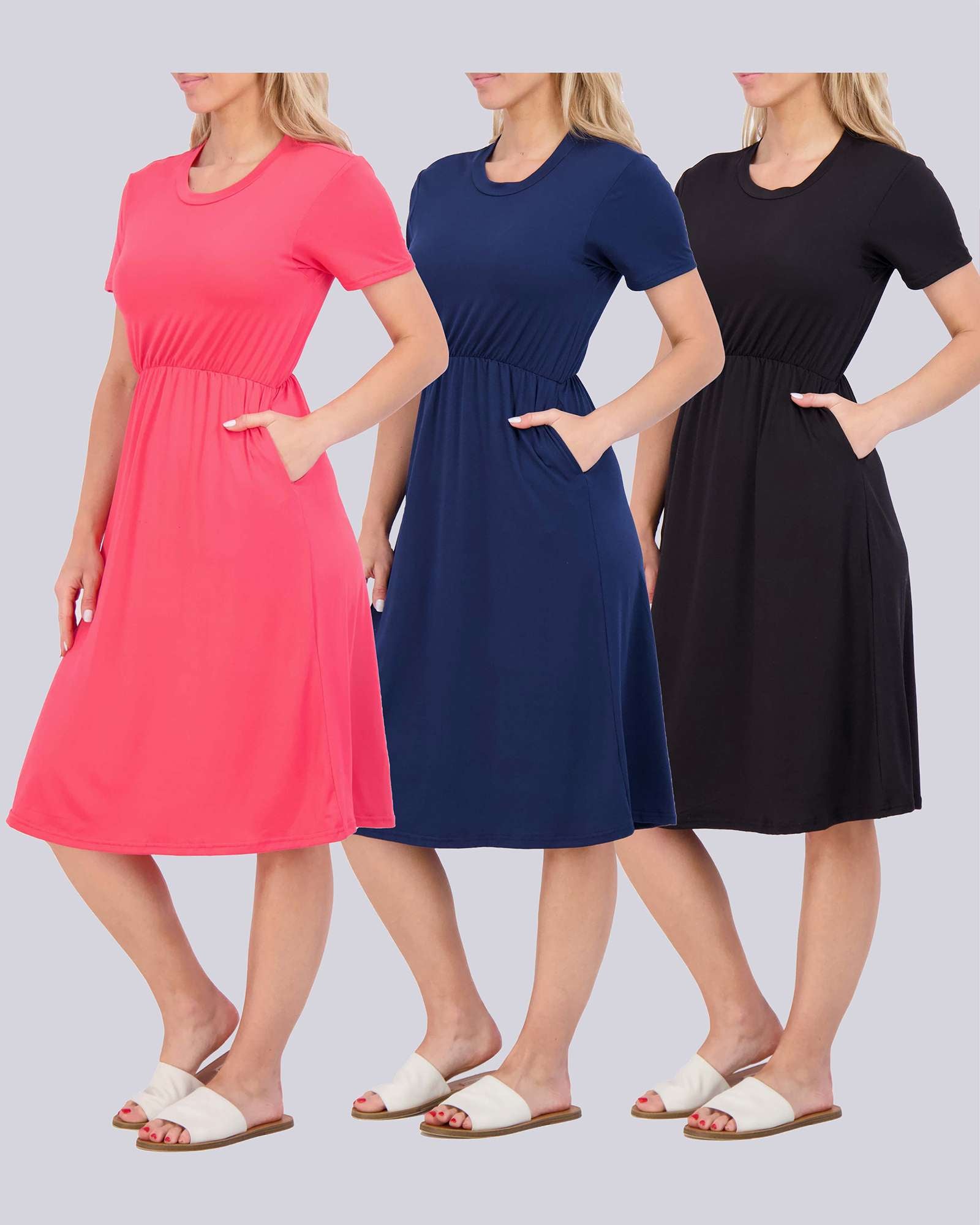 3 Pack: Women's Midi Short Sleeve Soft T-Shirt Dress (Available in Plus Size)