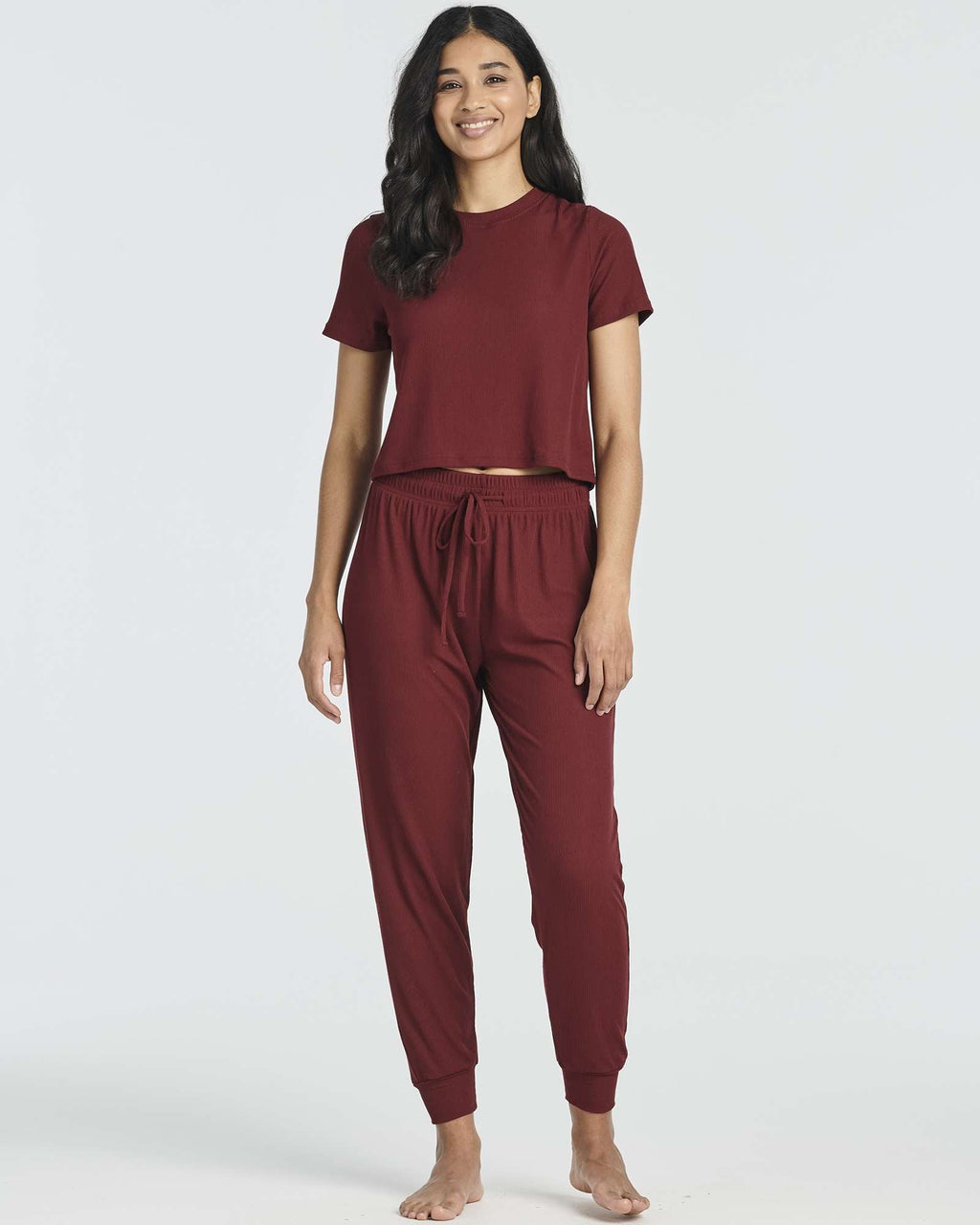 2 Pack: Women's Ribbed Knit Cropped Top with Jogger Sweatpants