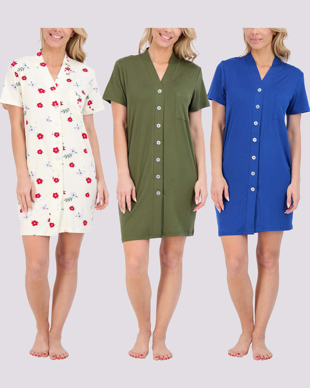 3 Pack: Women's Short Sleeve Button-Down Nightshirt
