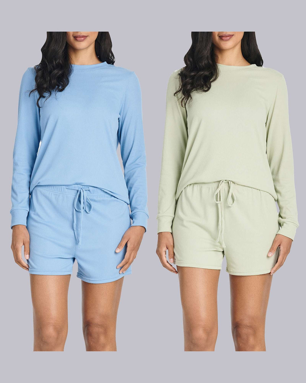 2 Pack: Women's Ribbed Knit Long Sleeve Top and Shorts Pajama Set (Available in Plus Size)