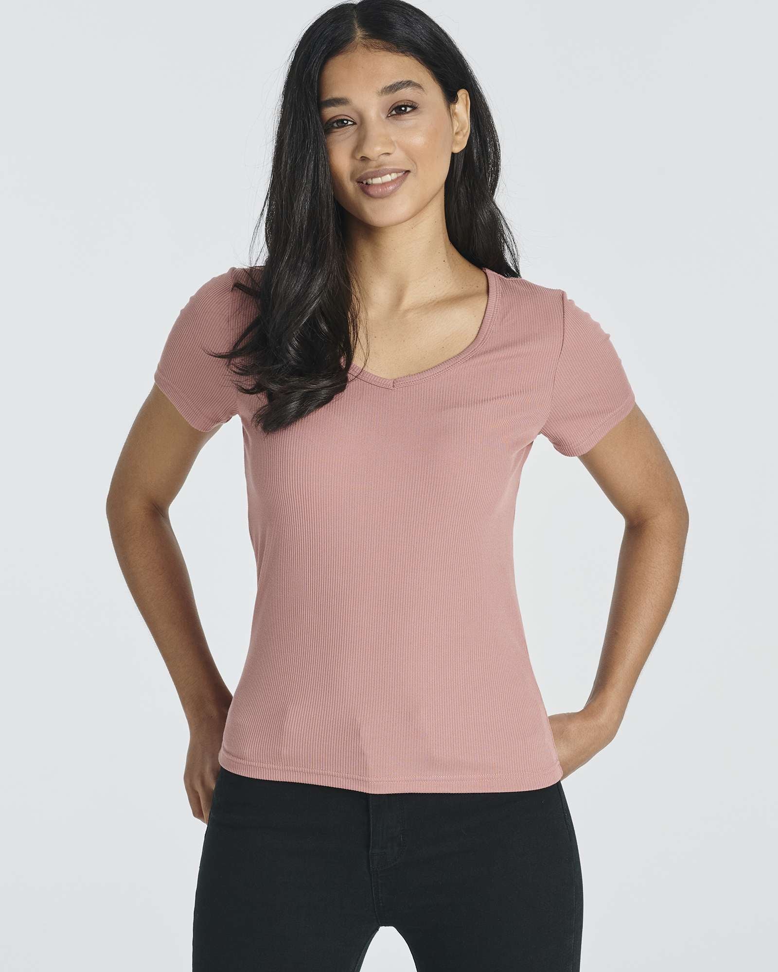 5 Pack: Women's Soft Ribbed Short Sleeve V-Neck T-Shirt