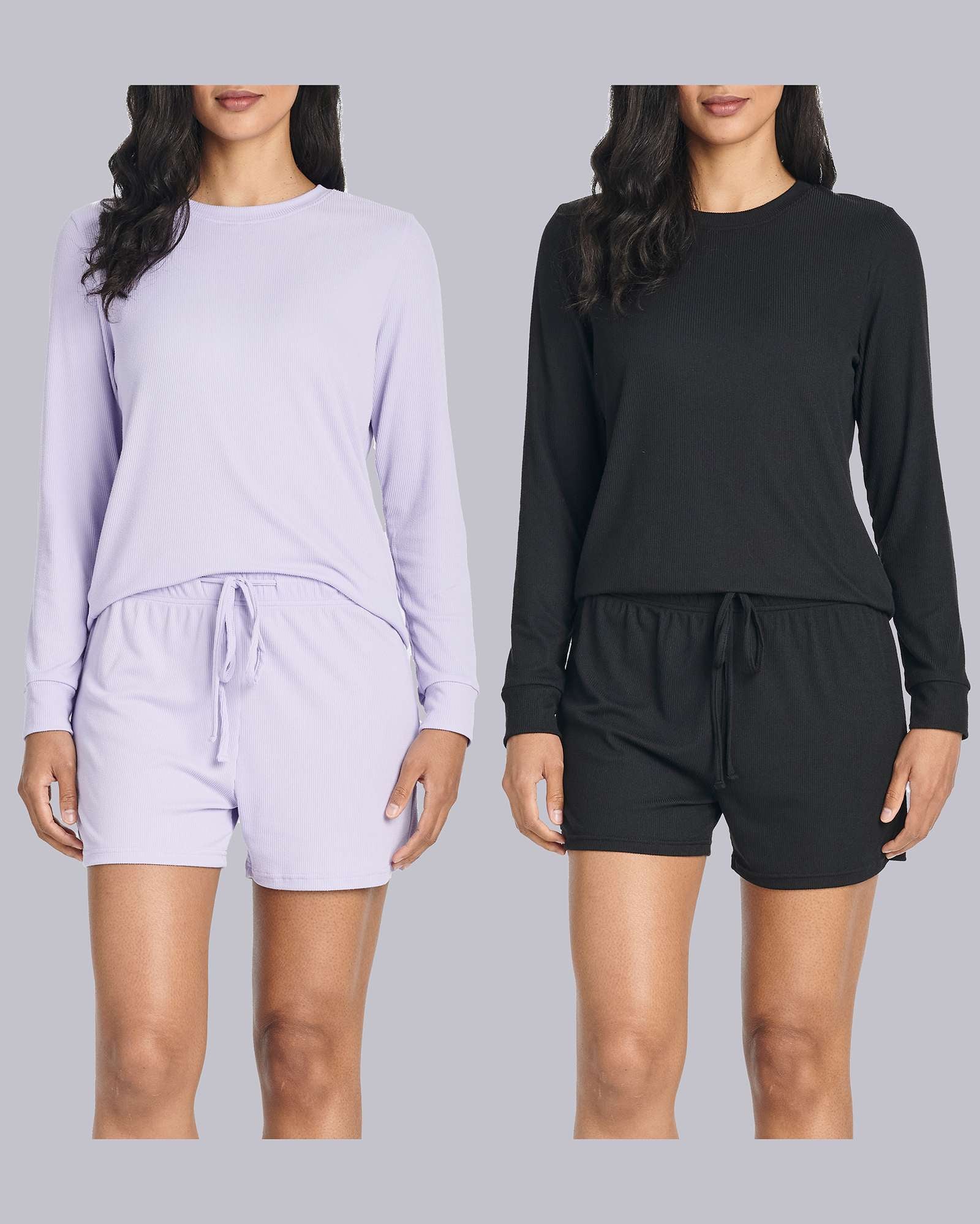 2 Pack: Women's Ribbed Knit Long Sleeve Top and Shorts Pajama Set (Available in Plus Size)