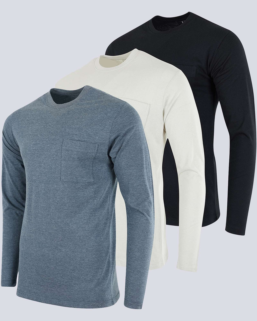3 Pack: Mens Cotton Long Sleeve Crew Neck Pocket T-Shirt