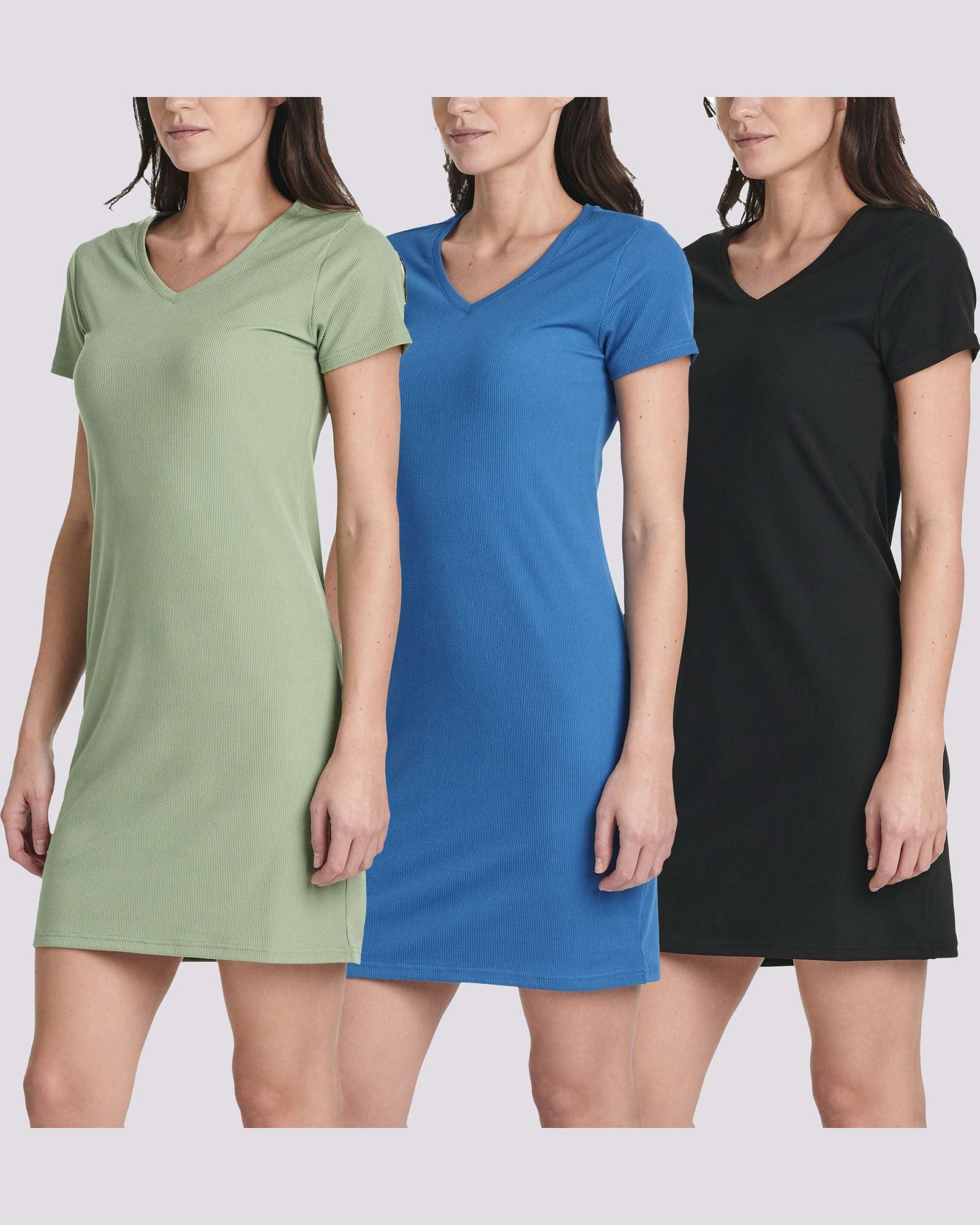 3 Pack: Women's Ribbed Knit Short-Sleeve V-Neck Swing Dress