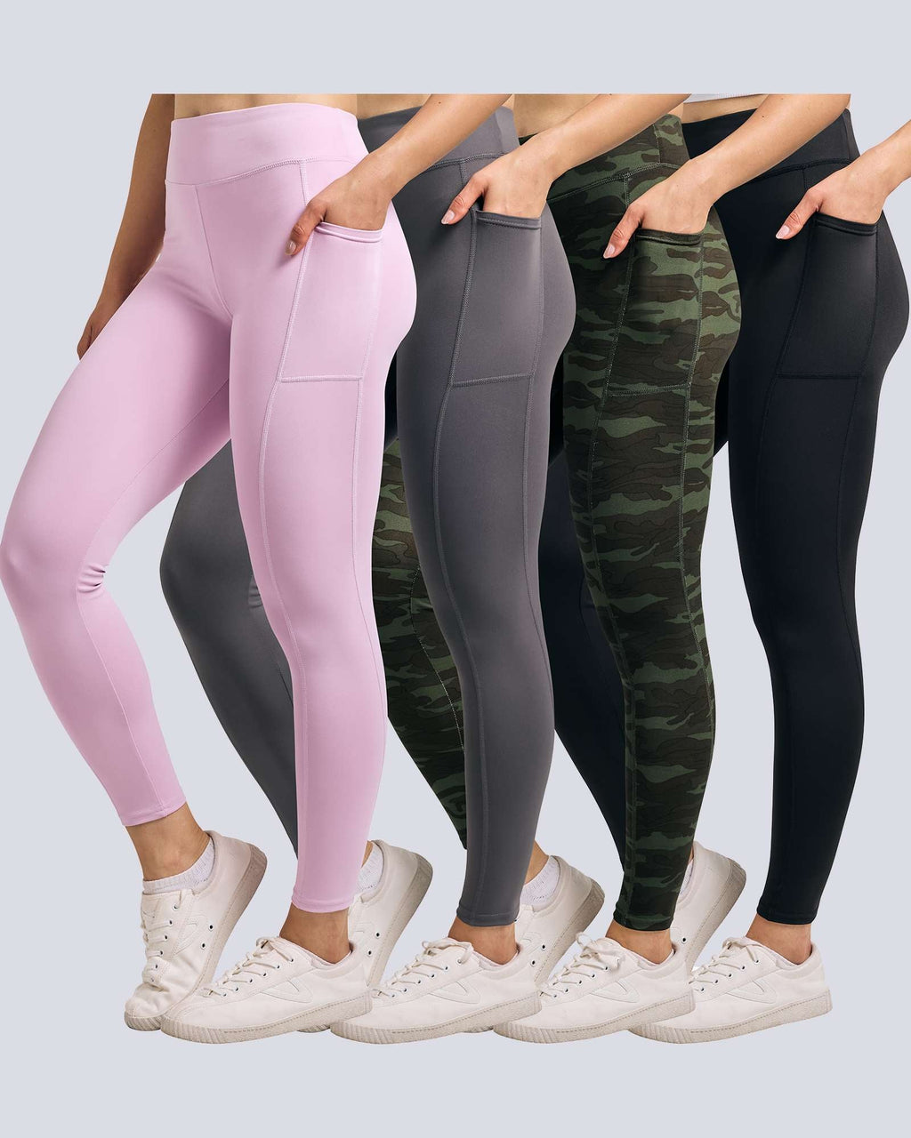 4 Pack: Women's Full Length Fitted Athletic Yoga Performance Leggings with Pockets