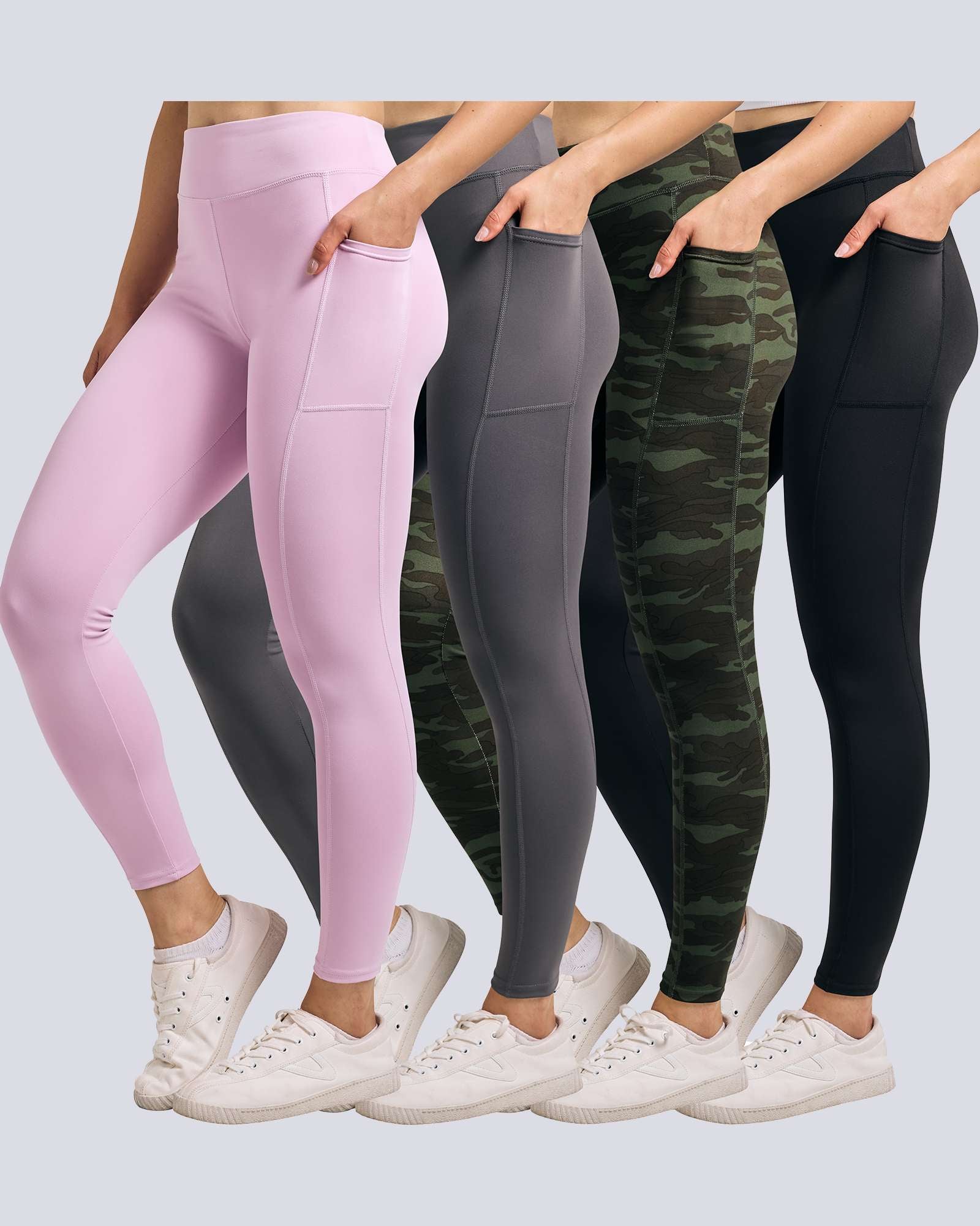 4 Pack: Women's Full Length Fitted Athletic Yoga Performance Leggings with Pockets