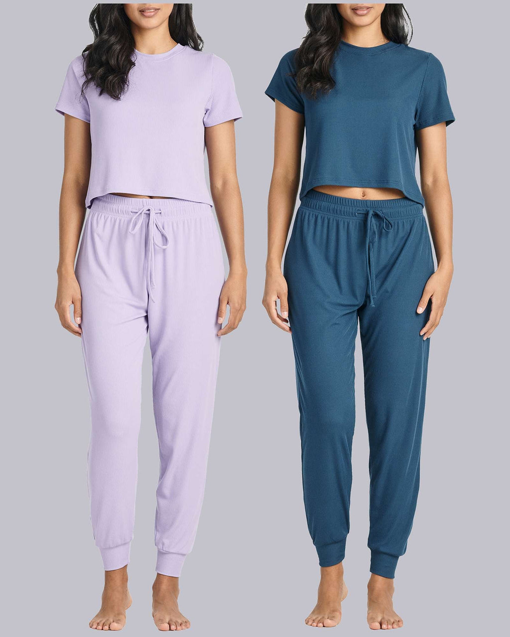 2 Pack: Women's Ribbed Knit Cropped Top with Jogger Sweatpants