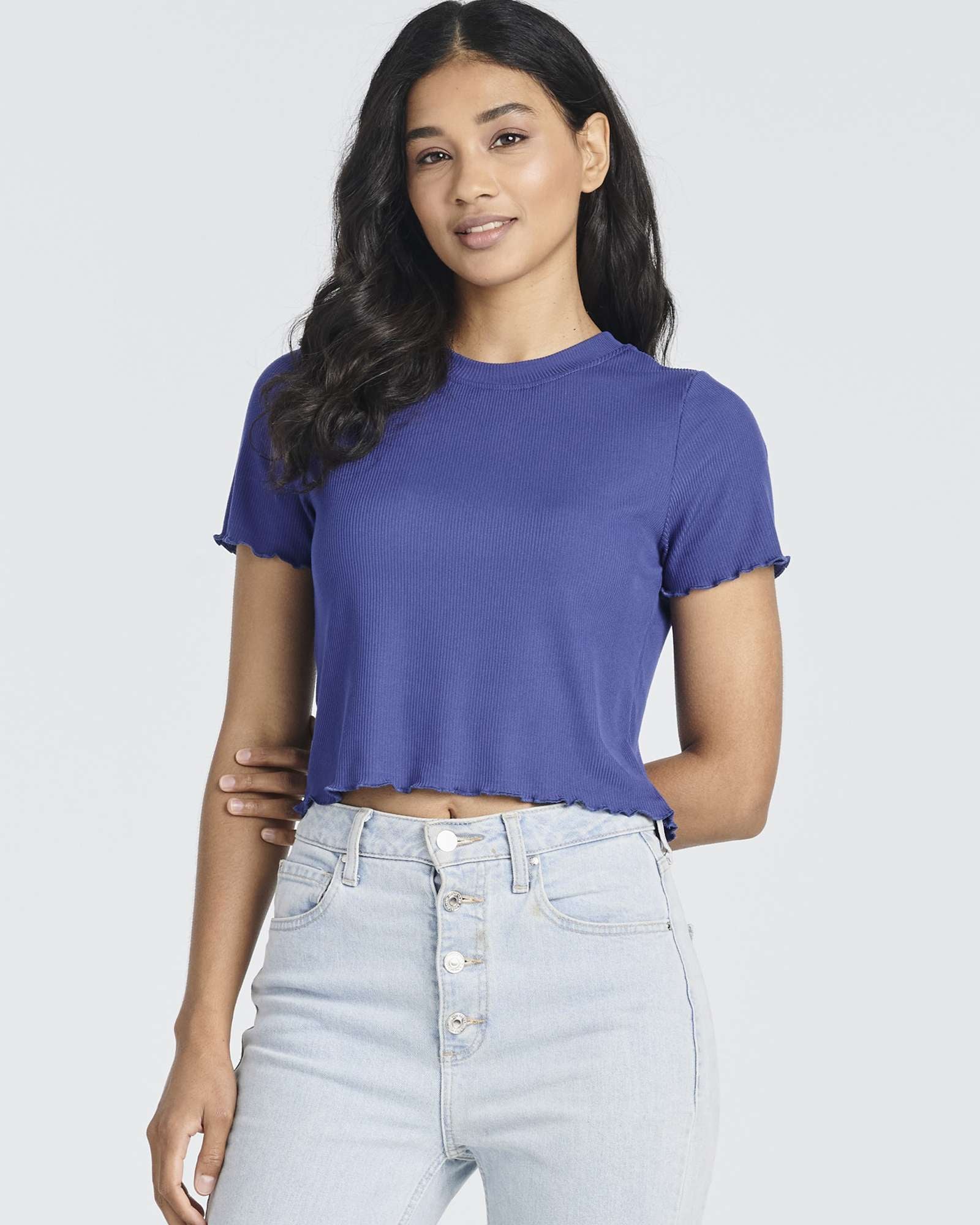 4 Pack: Women's Lettuce Trim Ribbed Knit Short Sleeve Crop Tops