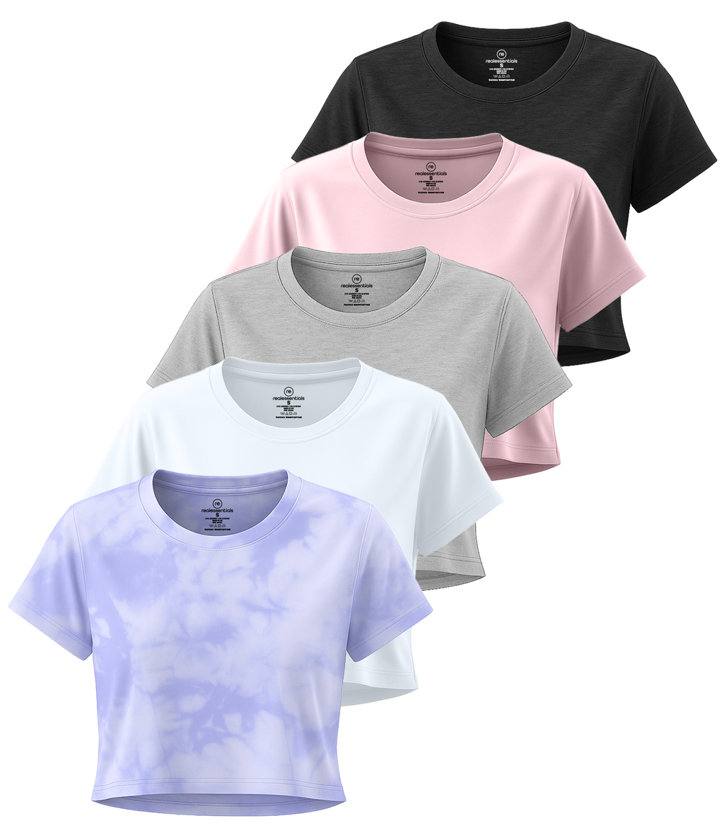 5 Pack: Women's Dry Fit Crop Top - Short Sleeve Crew Neck Stretch Athletic Tee (Available in Plus Size)