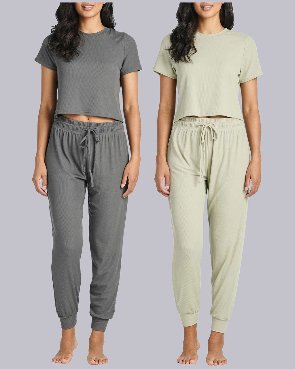 2 Pack: Women's Ribbed Knit Cropped Top with Jogger Sweatpants