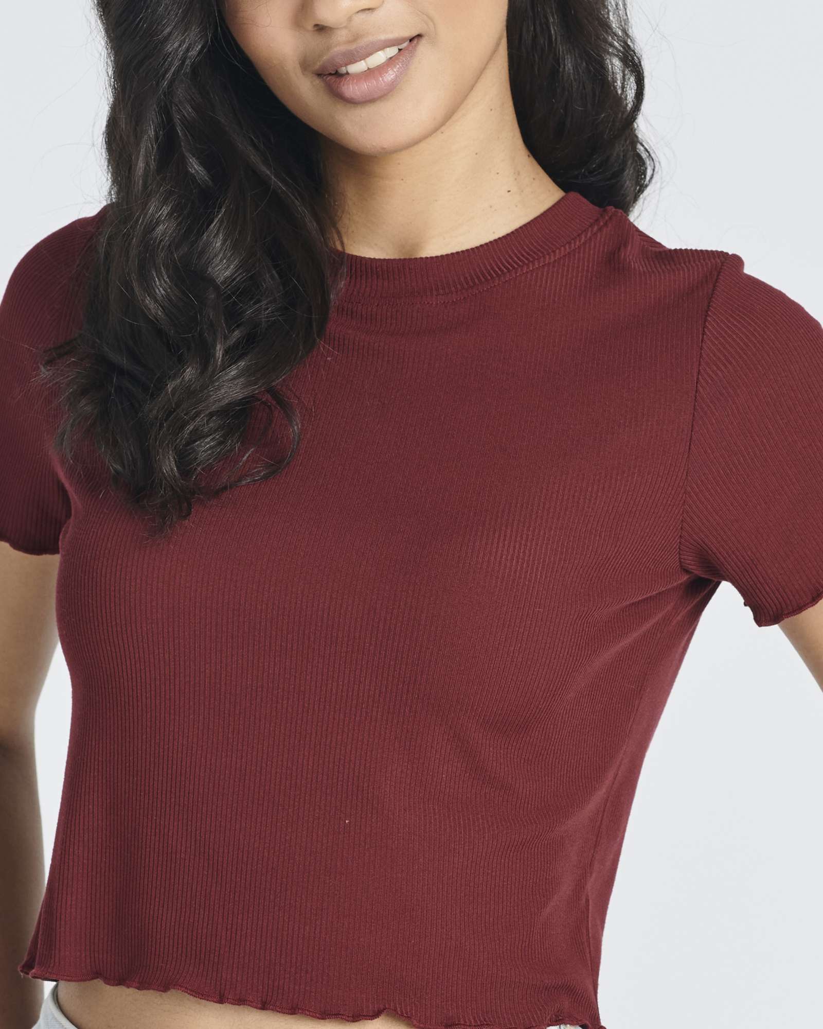 4 Pack: Women's Lettuce Trim Ribbed Knit Short Sleeve Crop Tops