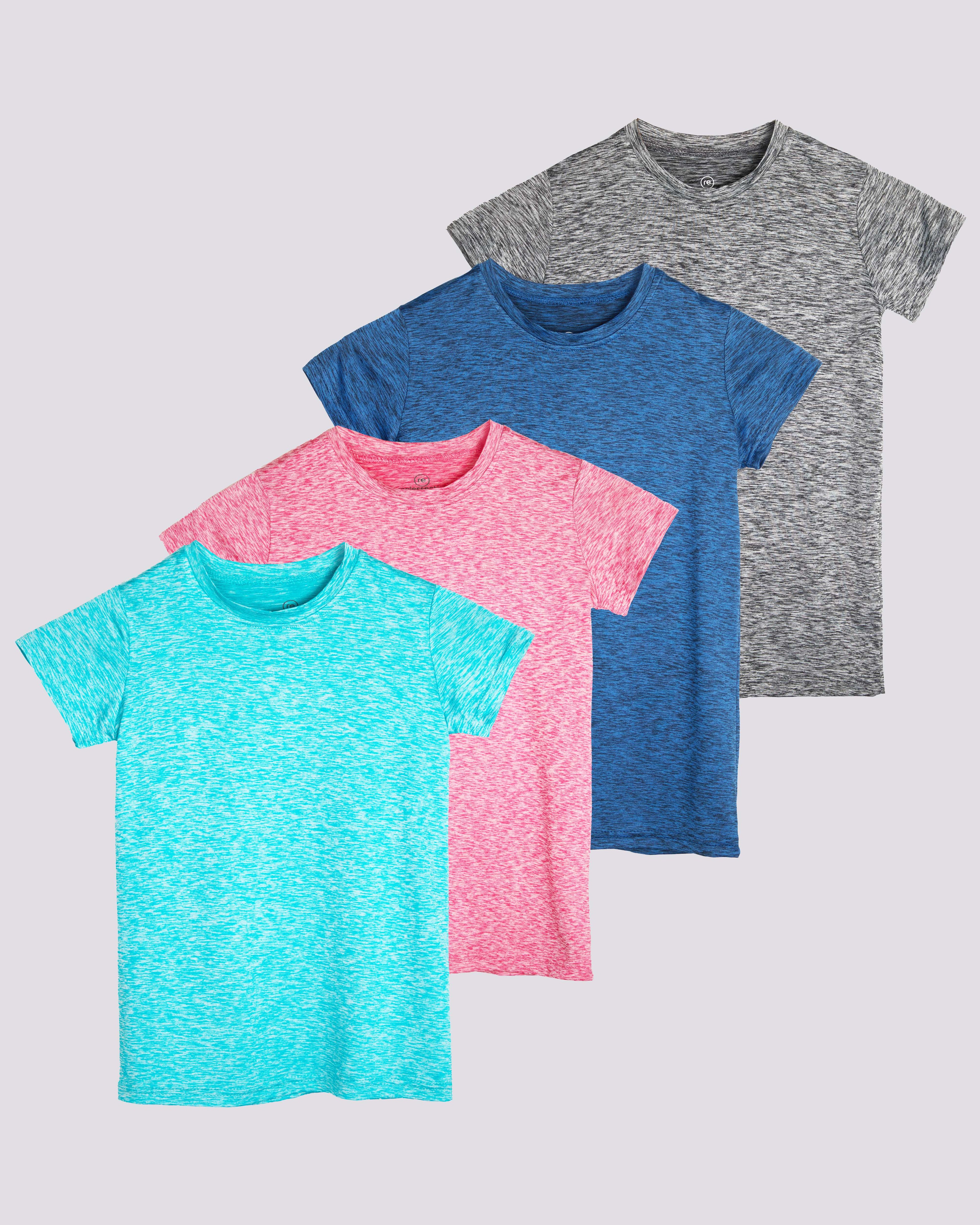 4 Pack: Girls Short Sleeve Dry-Fit Crew Neck Active T-Shirt