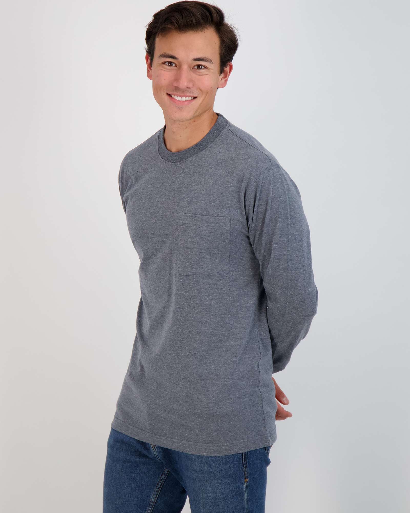 3 Pack: Mens Cotton Long Sleeve Crew Neck Pocket T-Shirt