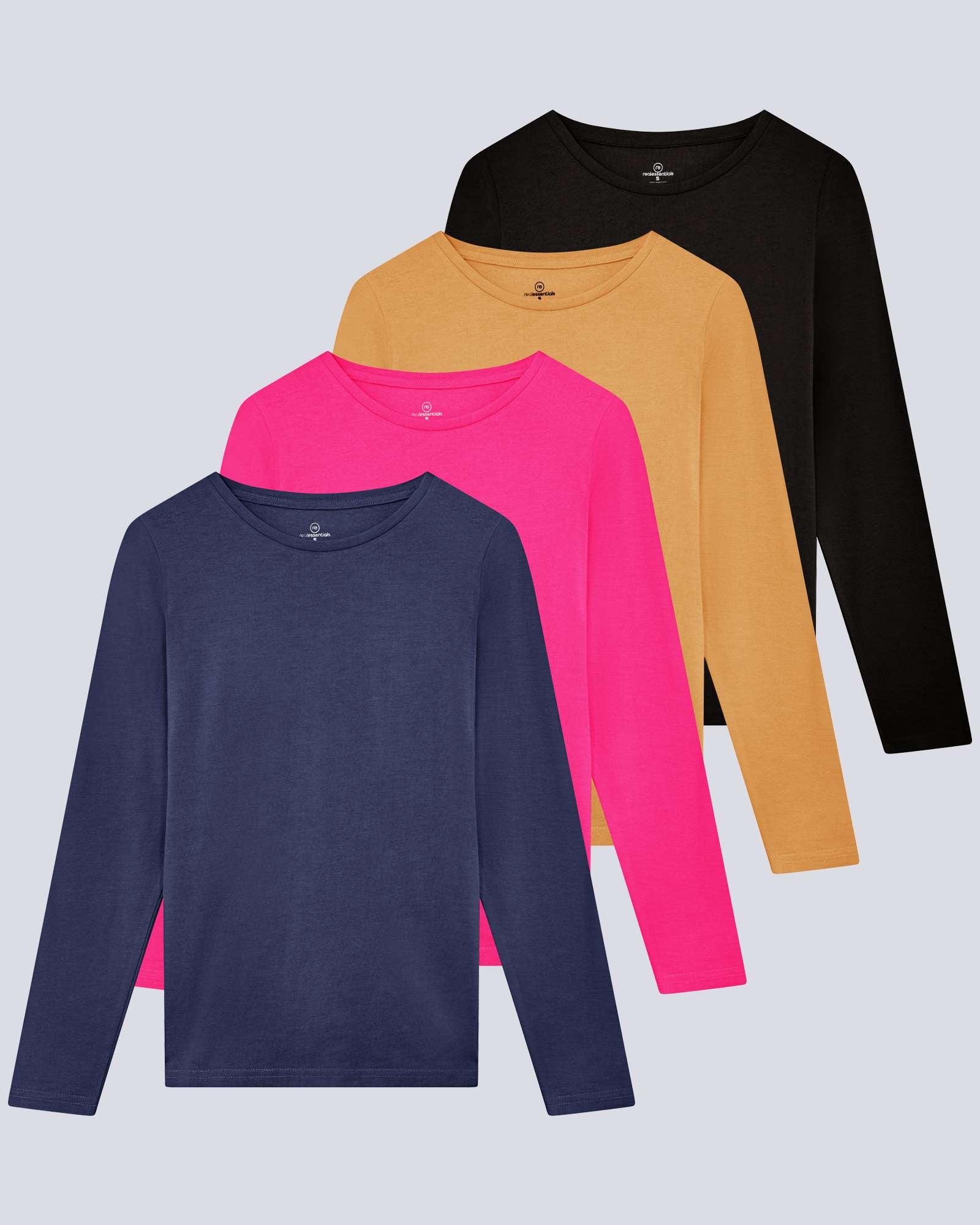 4 Pack: Women's Cotton Classic-Fit Long-Sleeve Crewneck T-Shirt (Available in Plus Size)