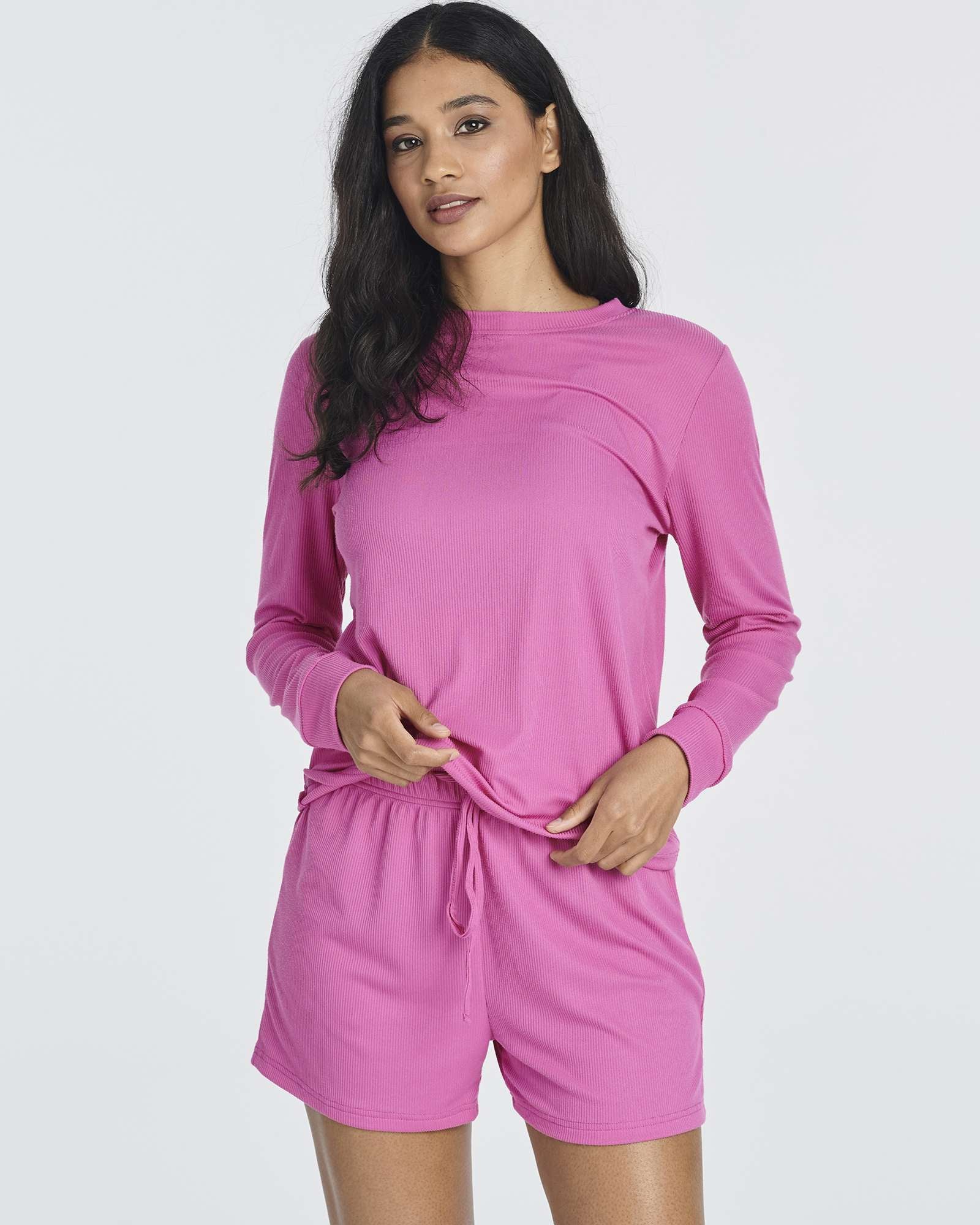 2 Pack: Women's Ribbed Knit Long Sleeve Top and Shorts Pajama Set (Available in Plus Size)
