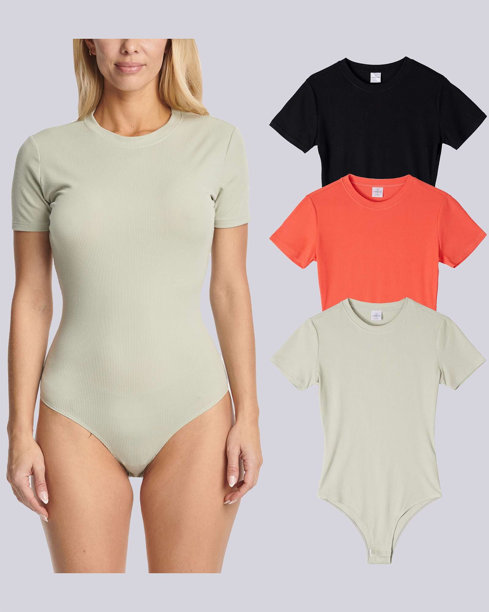 3 Pack: Women's Round Neck Short Sleeve Ribbed Shapewear Bodysuit Shirt Tops (Available in Plus Size)