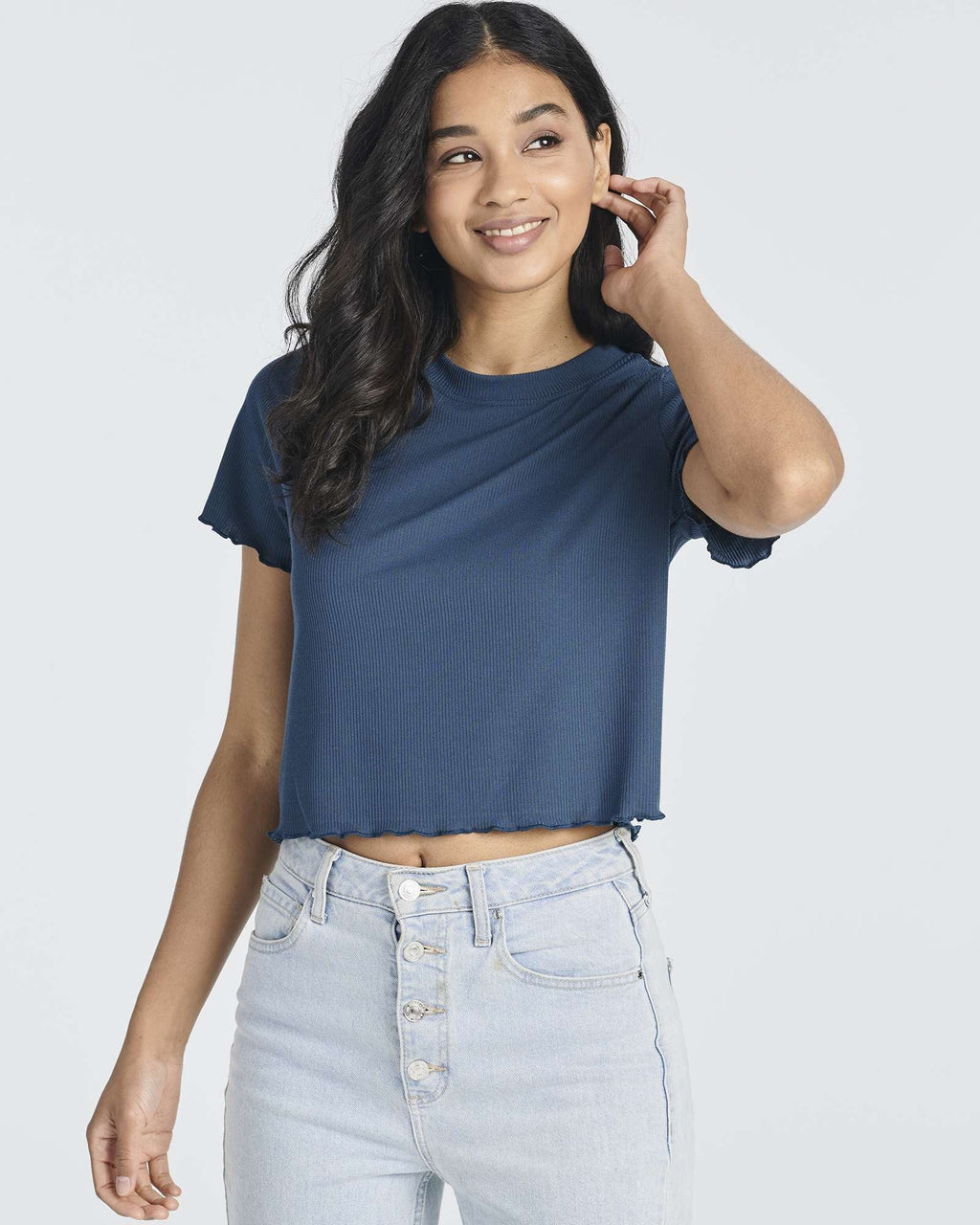 4 Pack: Women's Lettuce Trim Ribbed Knit Short Sleeve Crop Tops