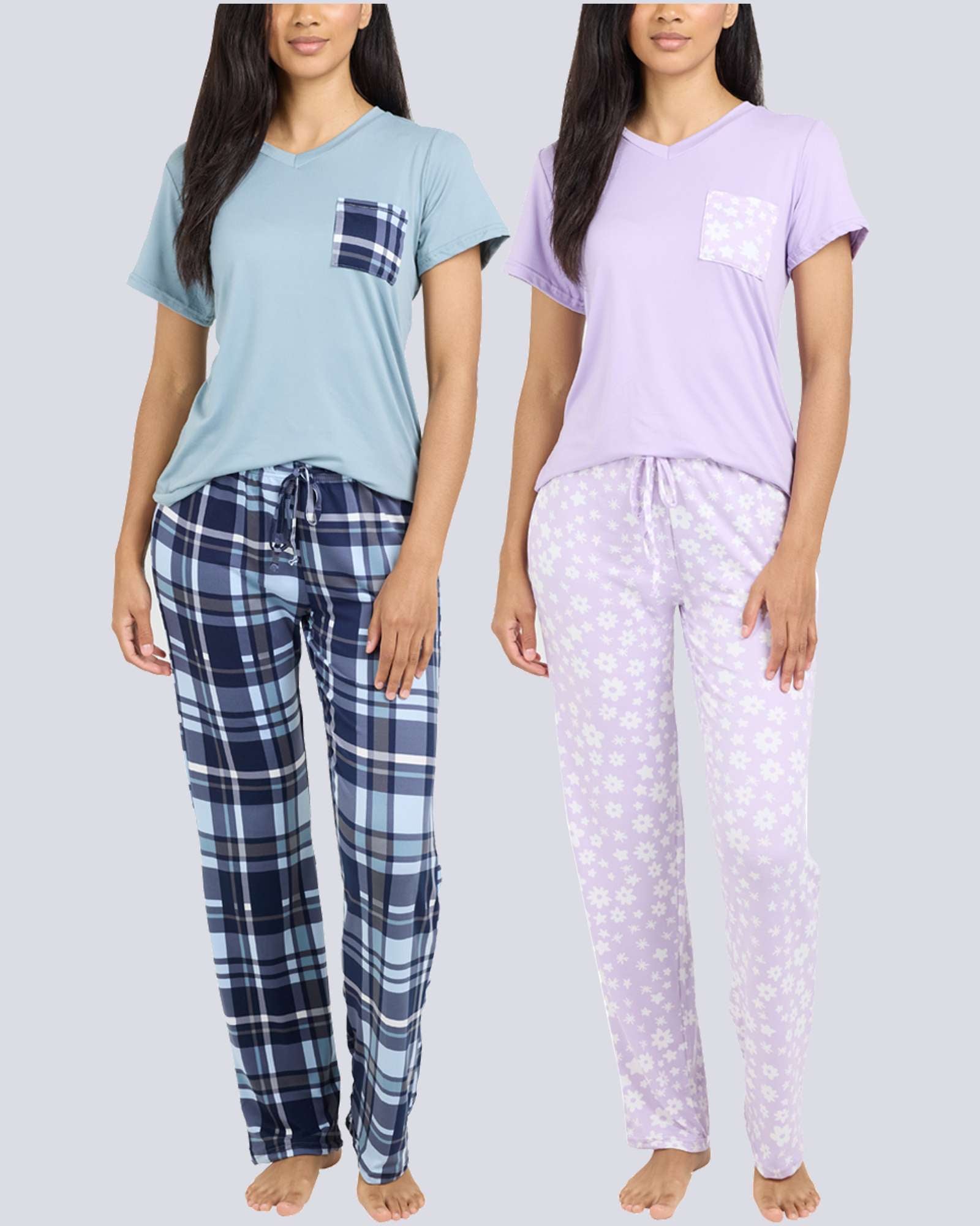 2 Pack: Women’s Pajama Set Super-Soft Short Sleeve V-Neck Top With Pants (Available in Plus Size)