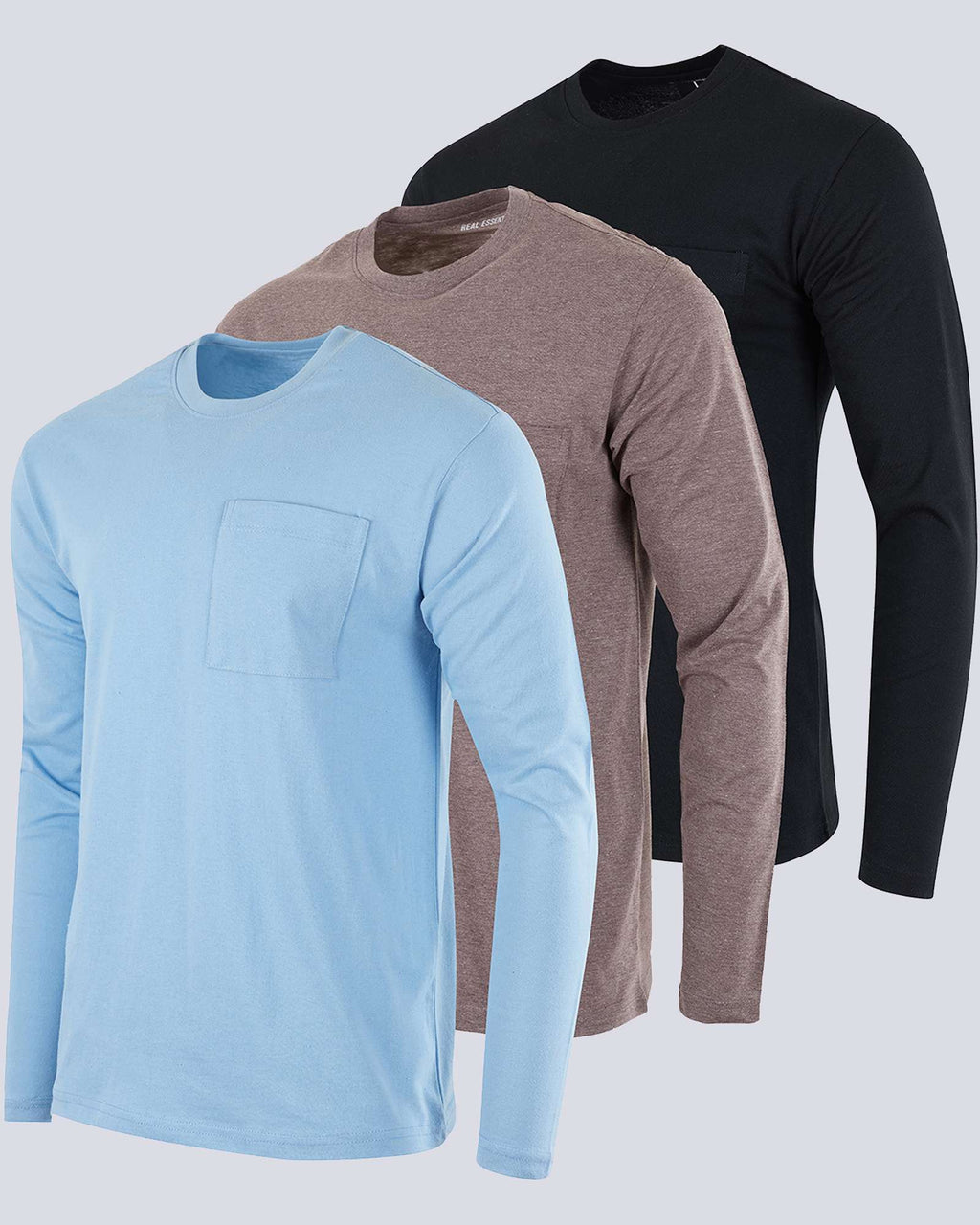 3 Pack: Mens Cotton Long Sleeve Crew Neck Pocket T-Shirt