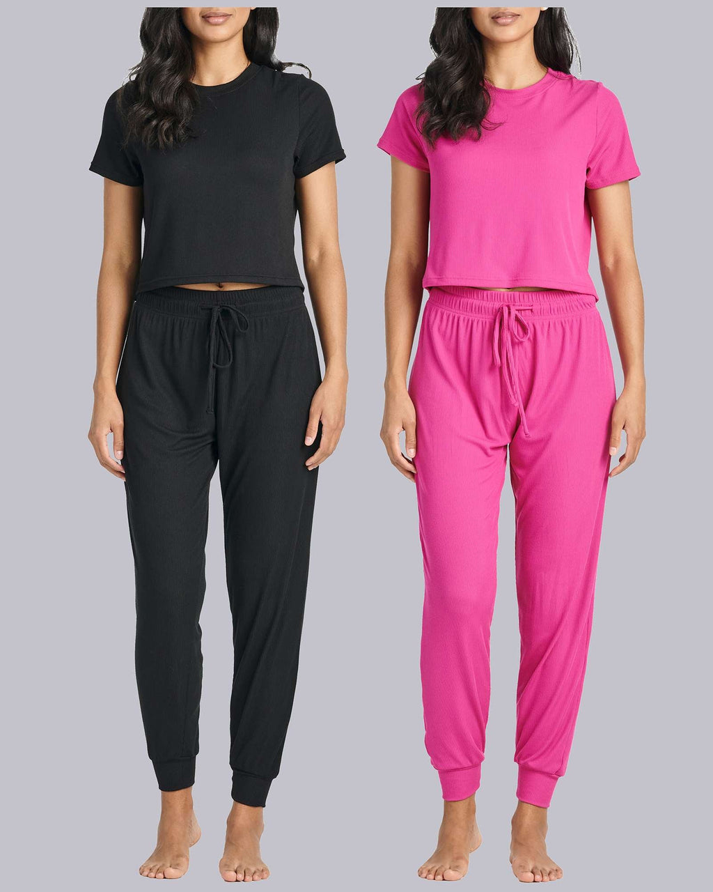 2 Pack: Women's Ribbed Knit Cropped Top with Jogger Sweatpants