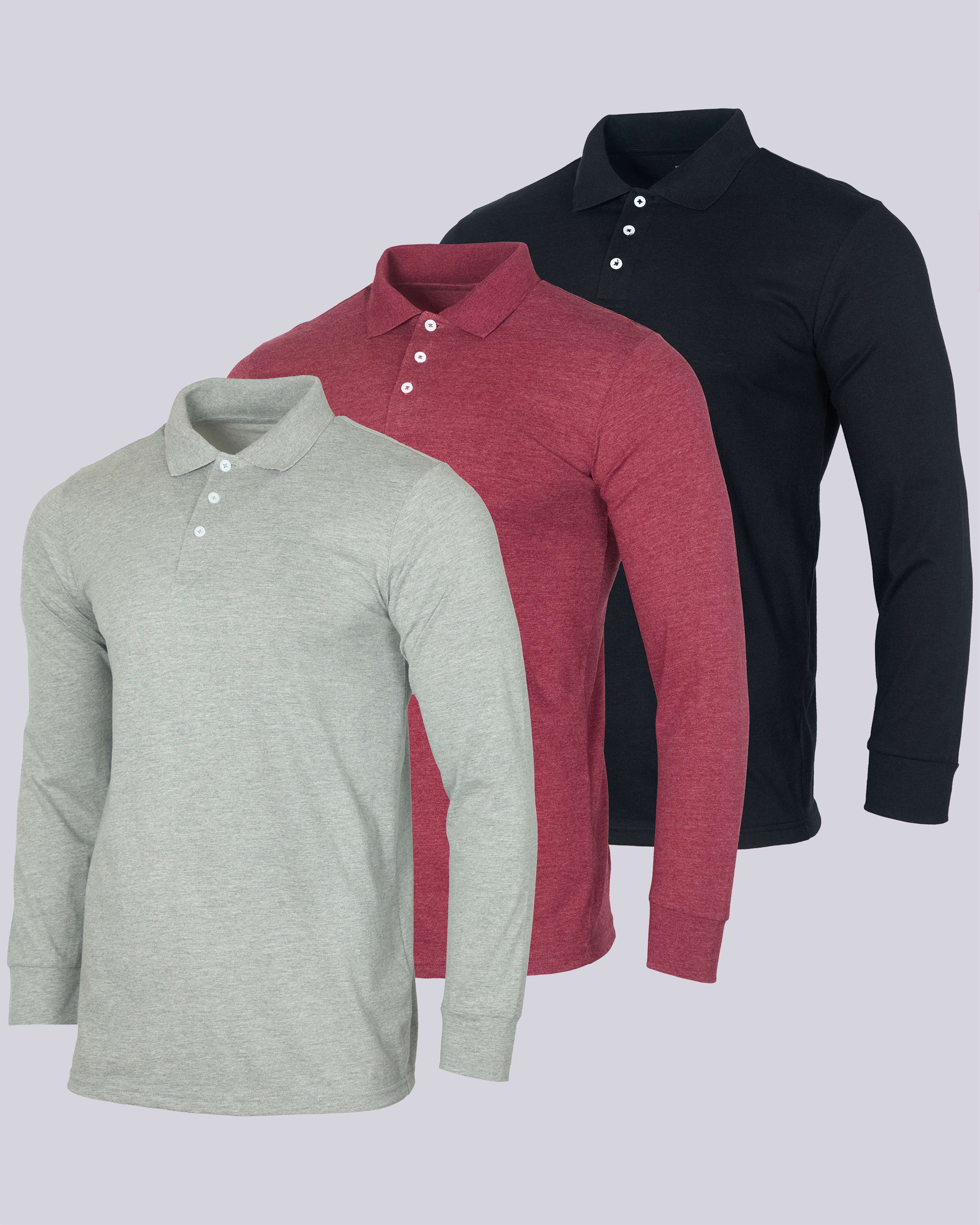 3 Pack: Men's Cotton Jersey Long-Sleeve Polo Shirt (Available in Big & Tall)