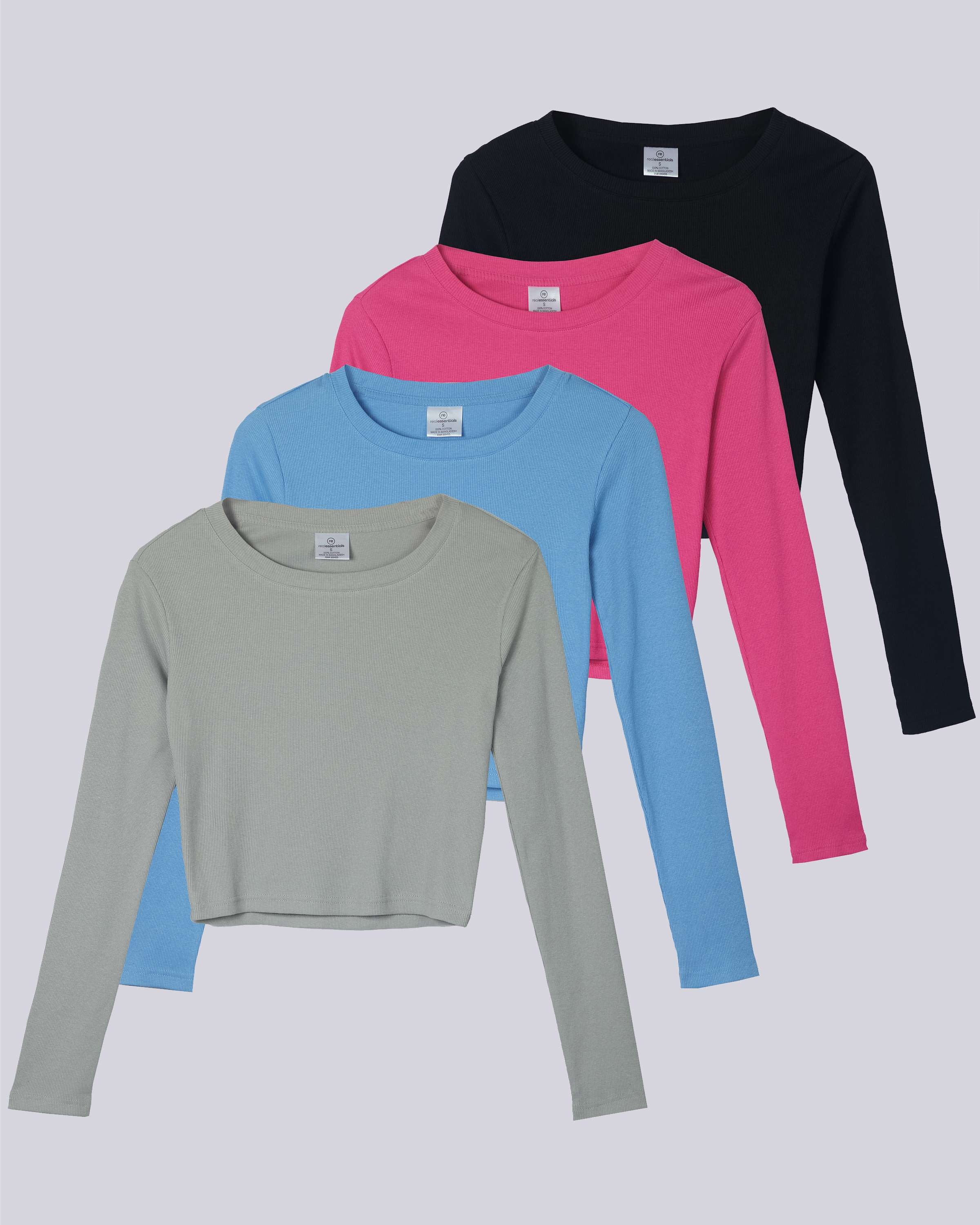 4 Pack: Women's Long Sleeve Ribbed Knit Crop Top (Available in Plus Size)