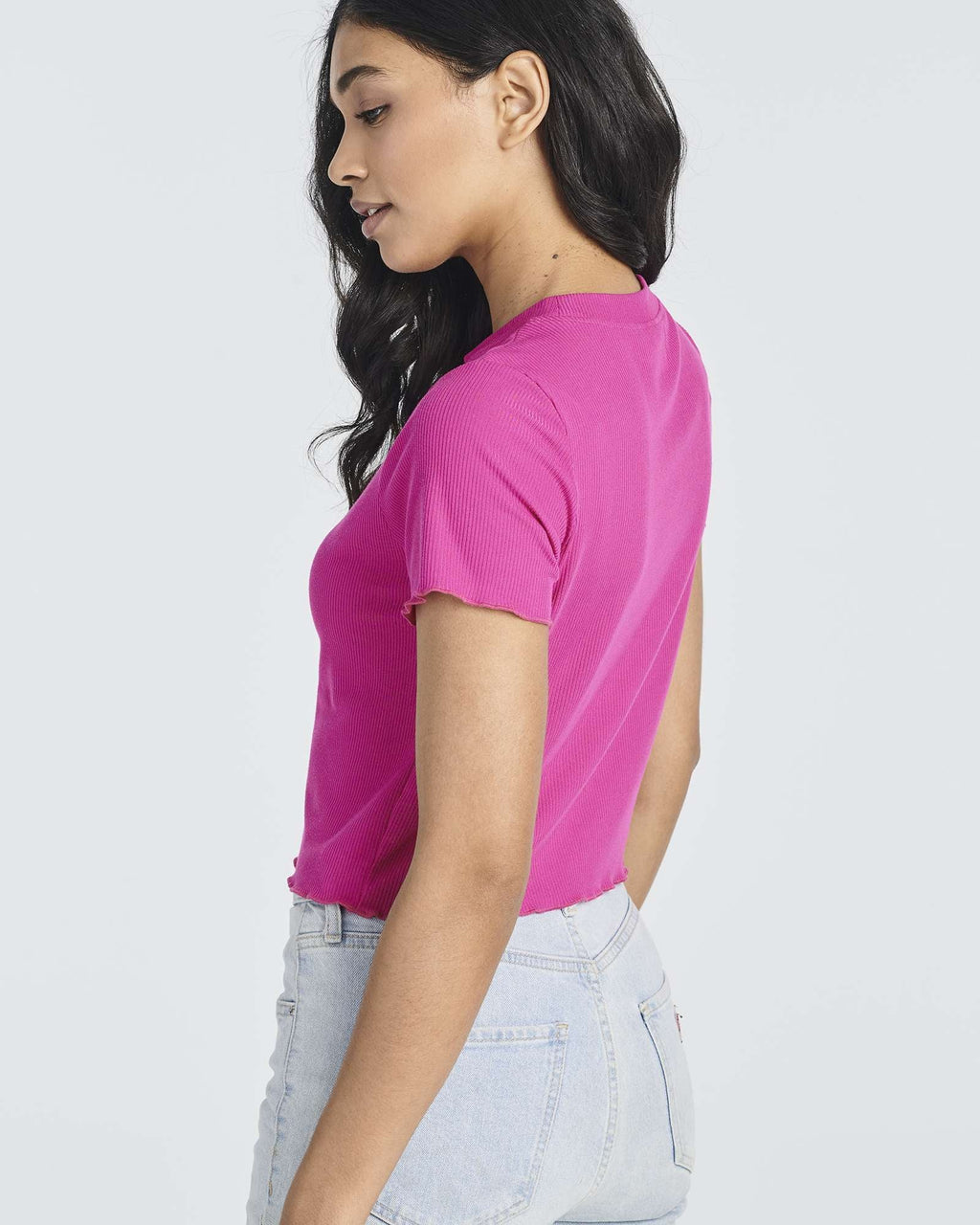 4 Pack: Women's Lettuce Trim Ribbed Knit Short Sleeve Crop Tops