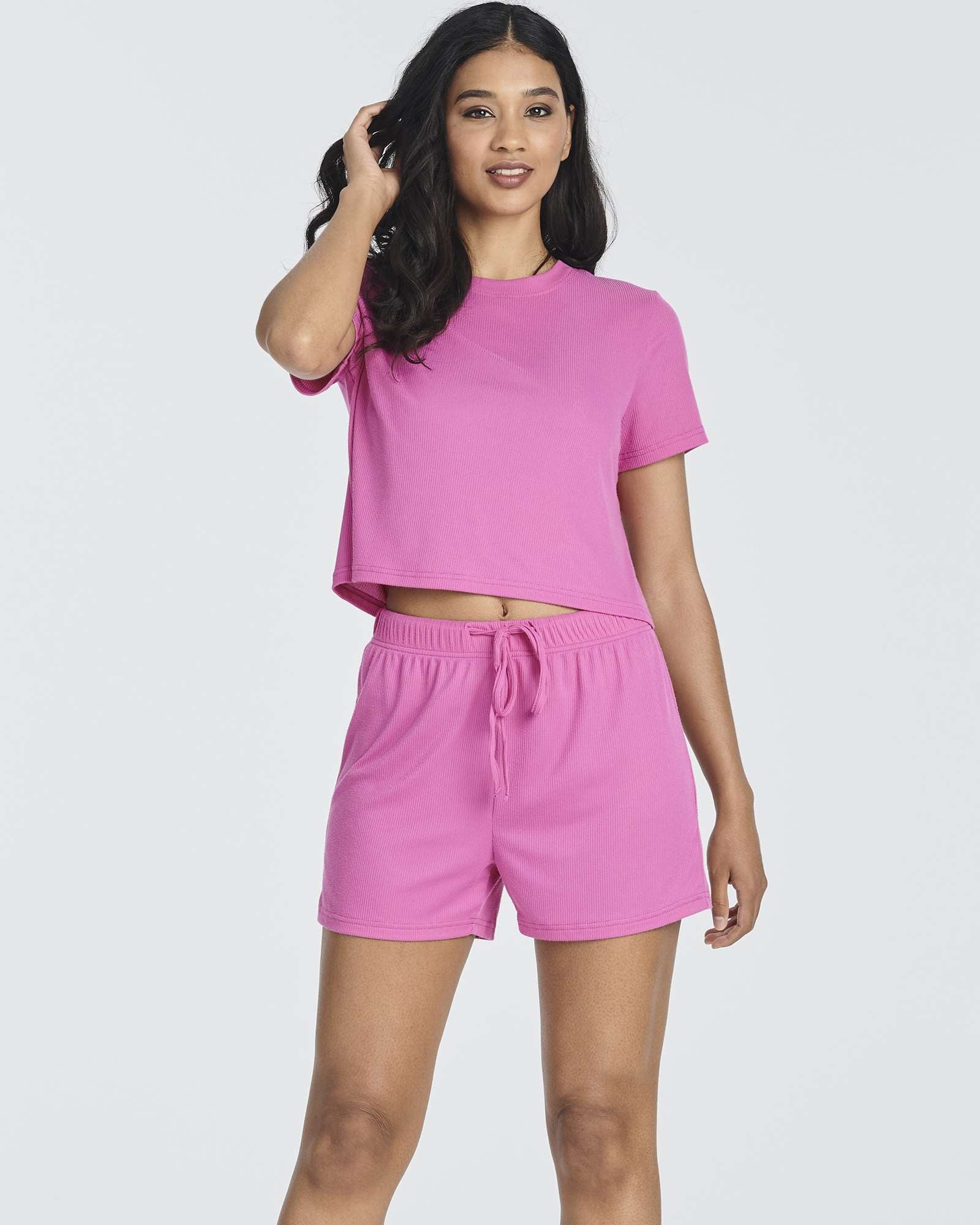 2 Pack: Women's Soft Ribbed Knit Crop Top & Short Set
