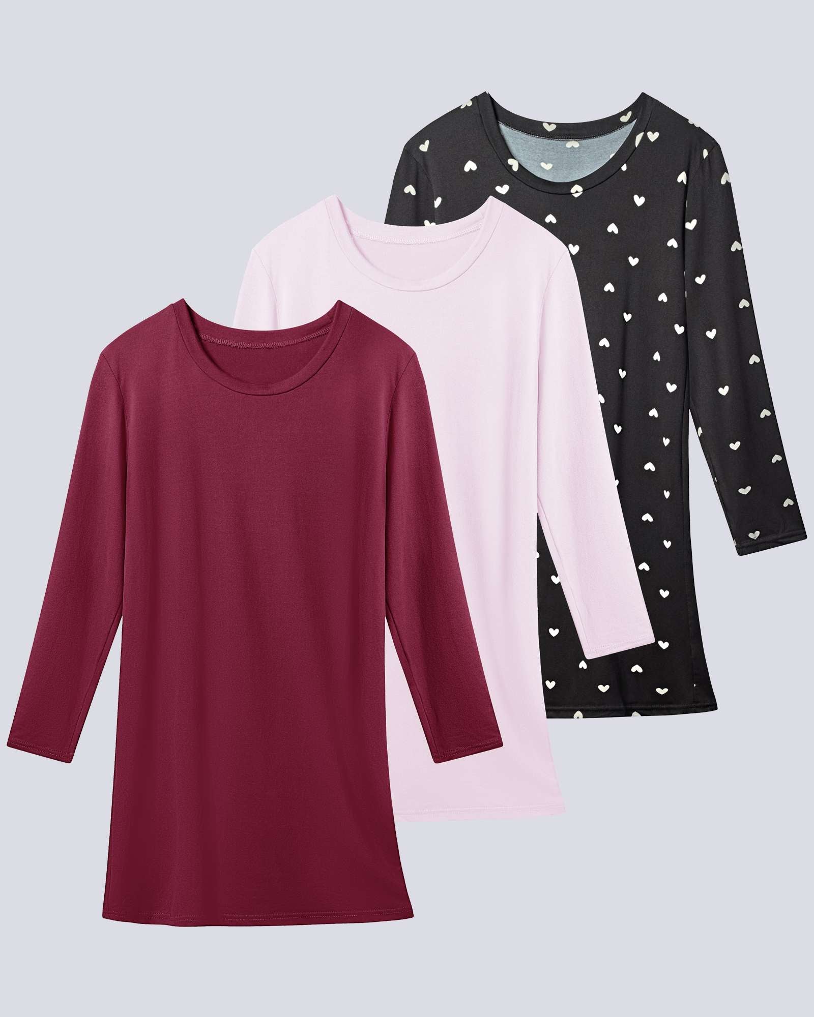 3 Pack: Womens Long Sleeve Ultra-Soft Nightshirt Sleep Dress