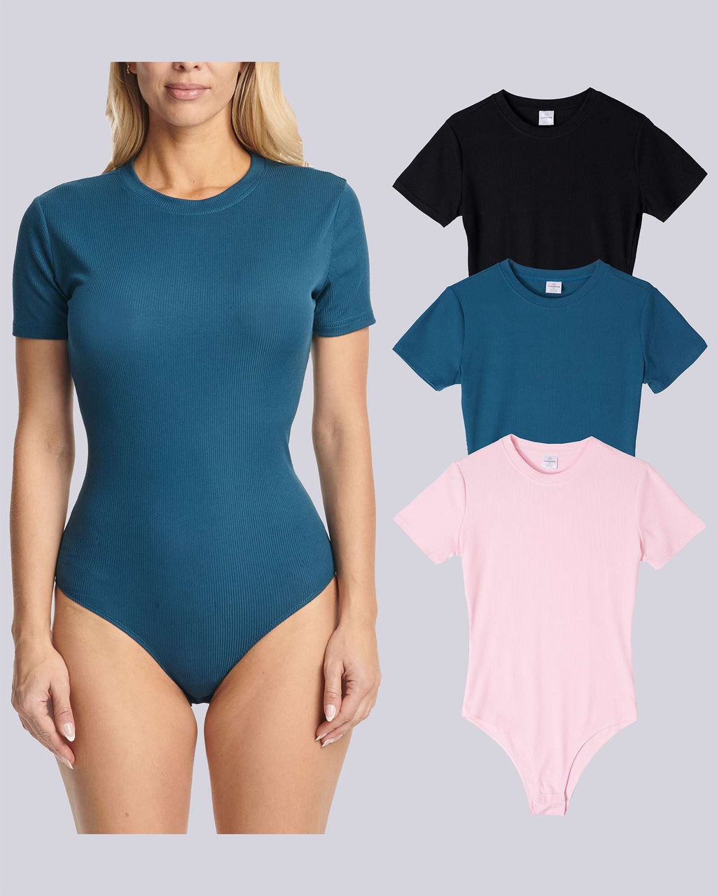 3 Pack: Women's Round Neck Short Sleeve Ribbed Shapewear Bodysuit Shirt Tops (Available in Plus Size)