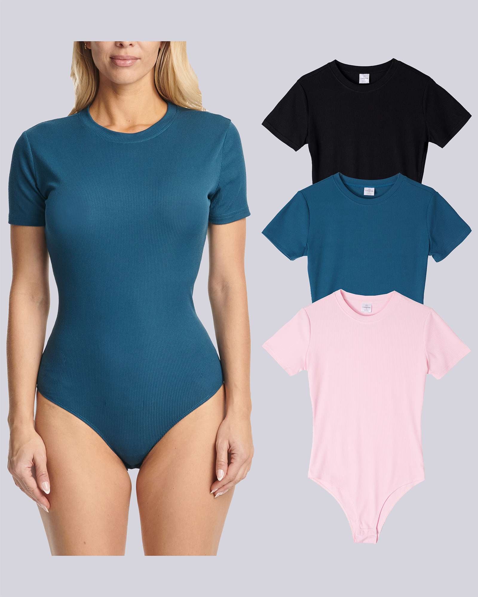 3 Pack: Women's Round Neck Short Sleeve Ribbed Shapewear Bodysuit Shirt Tops (Available in Plus Size)