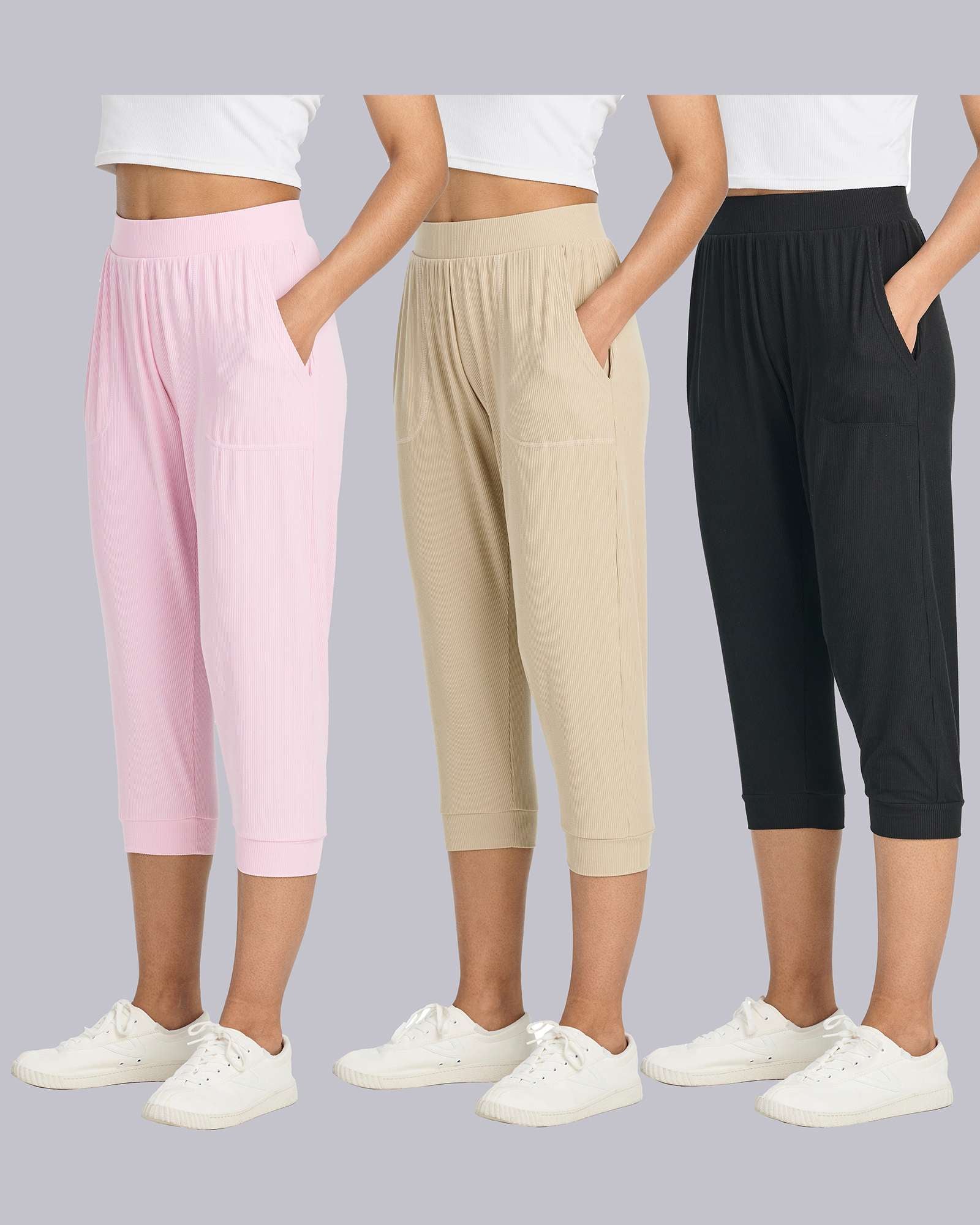 3 Pack: Women's Ribbed Capri Jogger Lounge Sweatpants