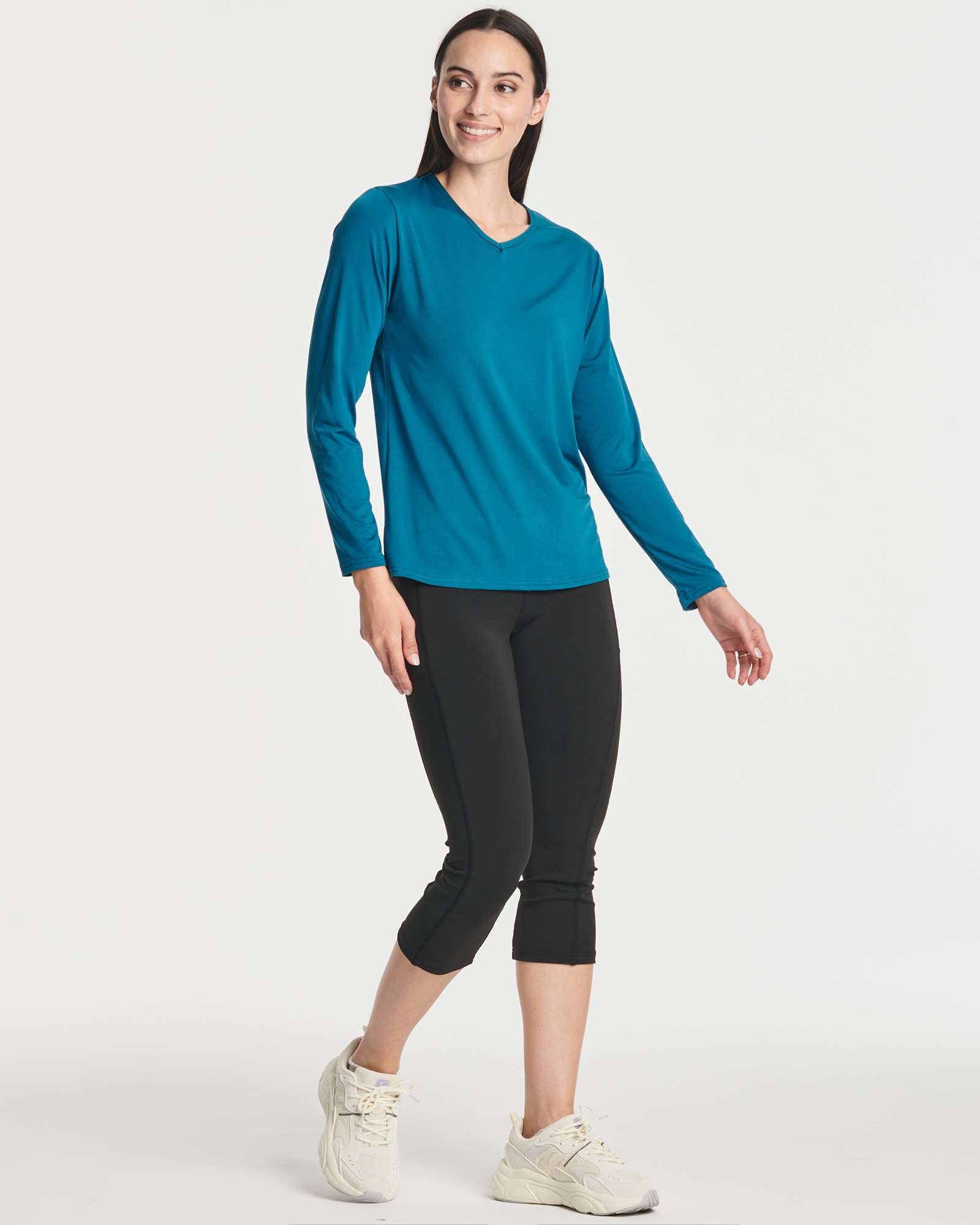 4 Pack: Women's Dry-Fit Long-Sleeve V-Neck Athletic Workout Shirt (Available in Plus Size)