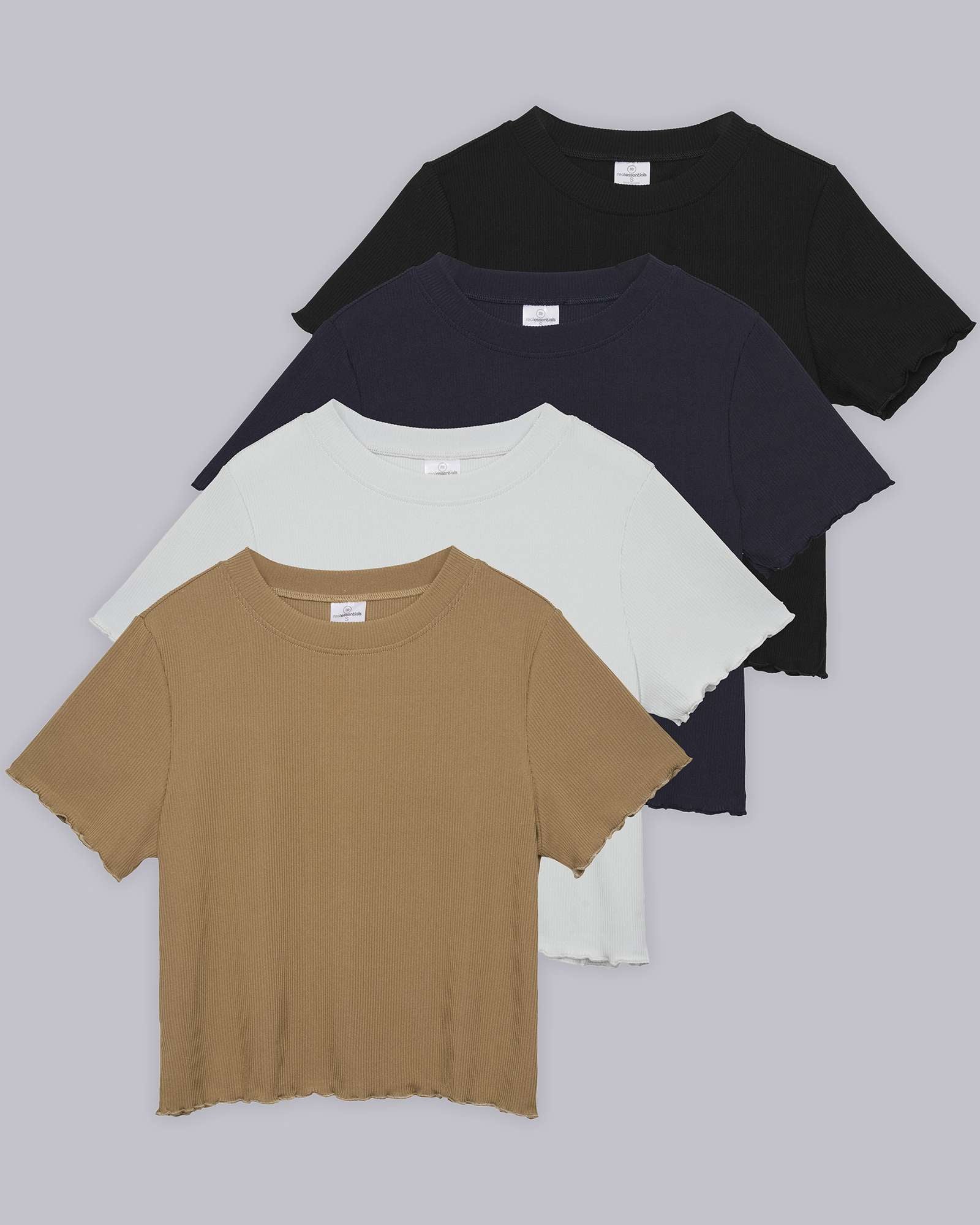 4 Pack: Women's Lettuce Trim Ribbed Knit Short Sleeve Crop Tops