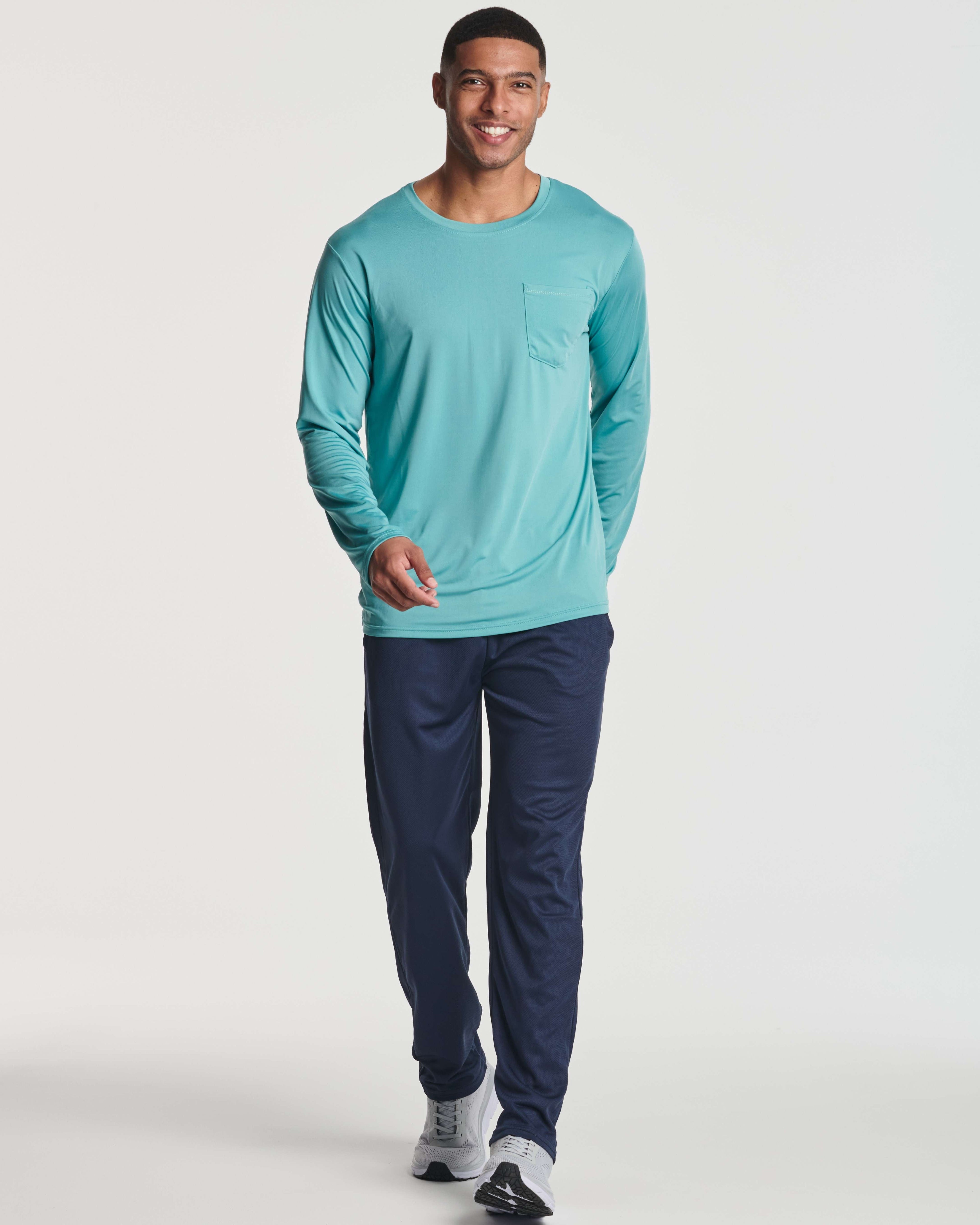 4 Pack: Mens Dry-Fit Long Sleeve Pocket Crew T-Shirt