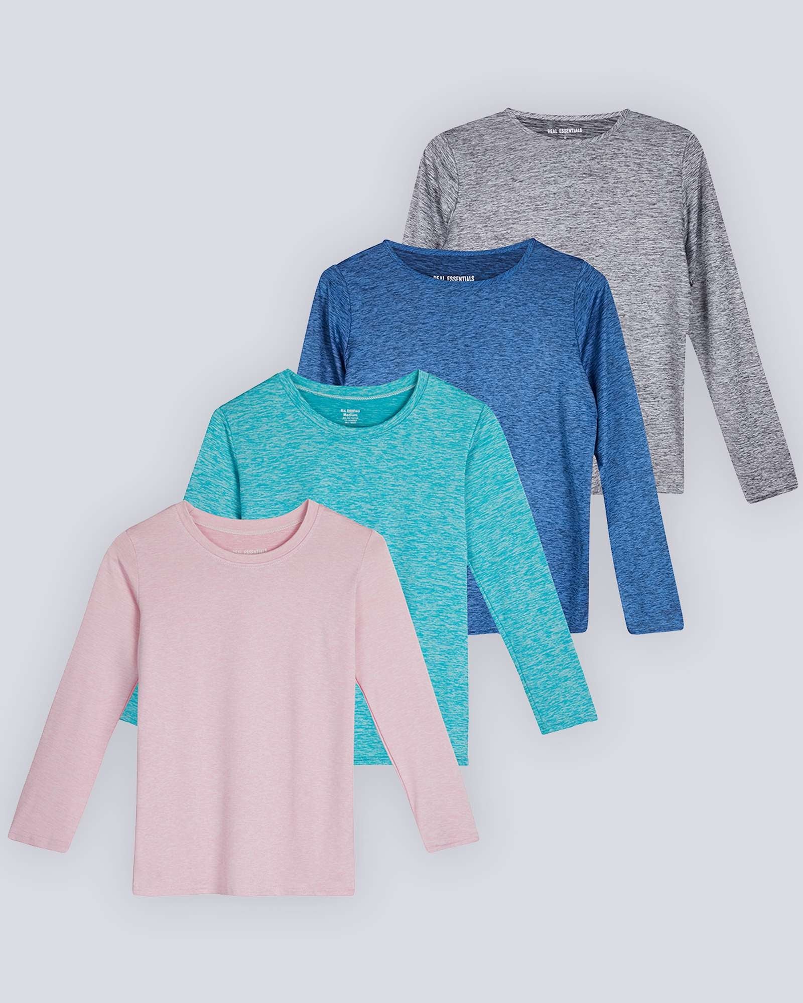 4 Pack: Girls Dry-Fit Long Sleeve Active Crew Neck T-Shirt