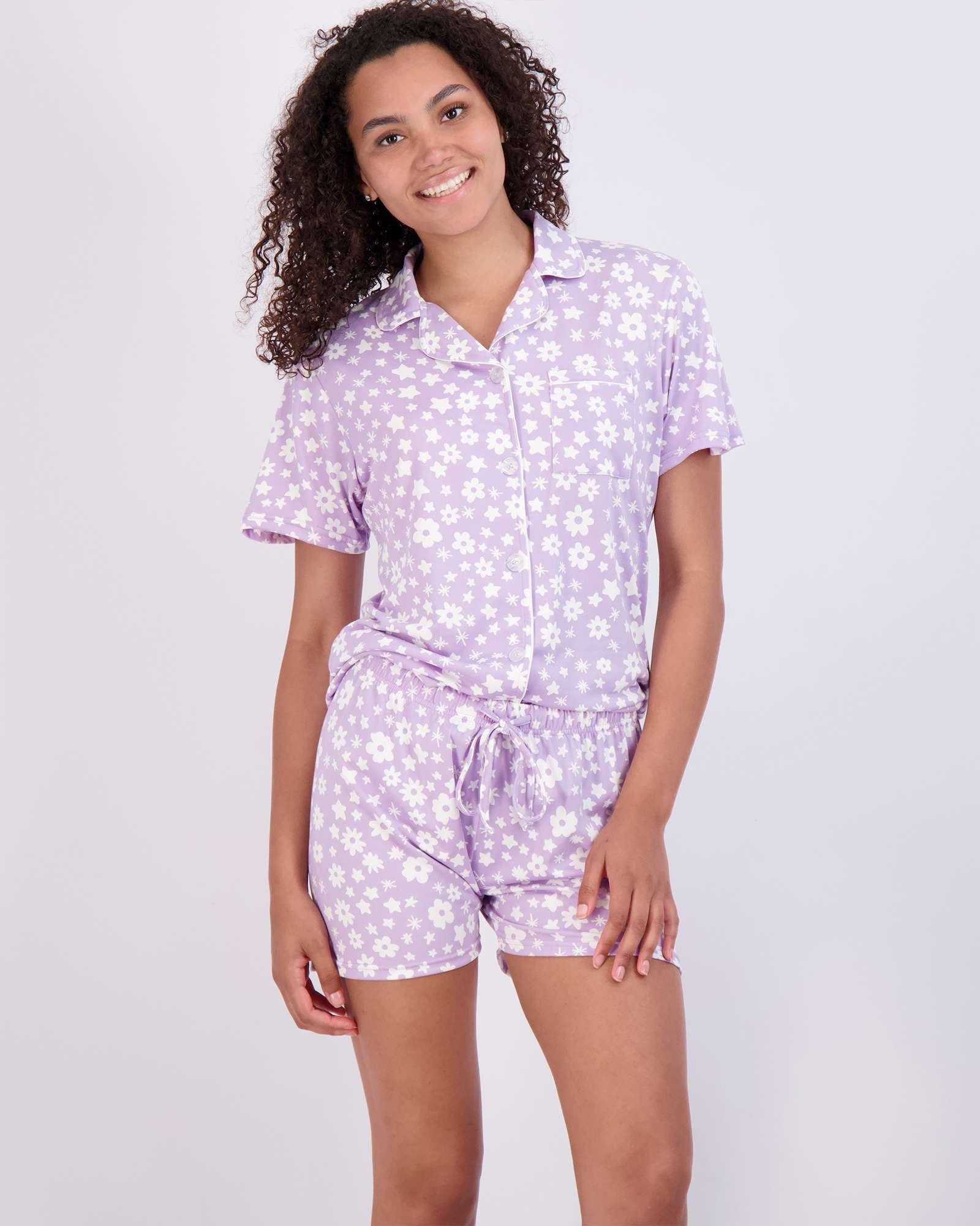 4 Piece: Womens Short Sleeve Button Down Pajama Set