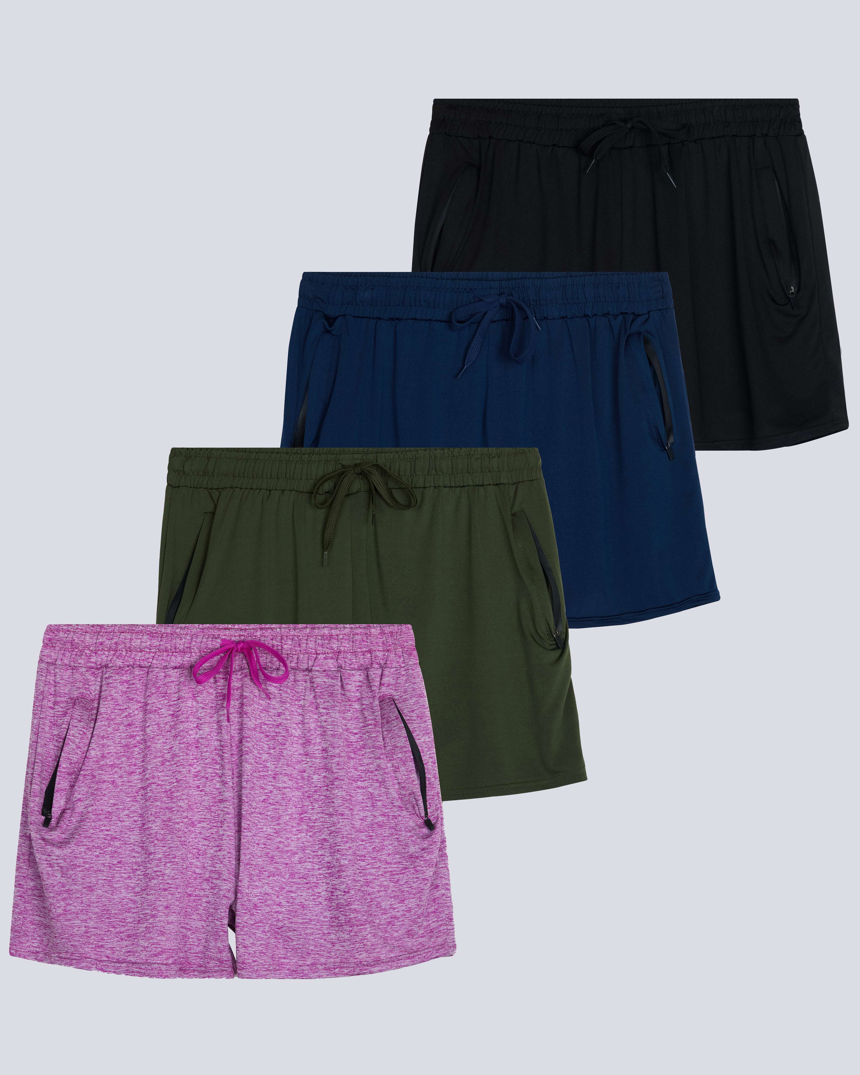 4 Pack: Womens Active Dry-Fit Shorts with Zipper Pockets