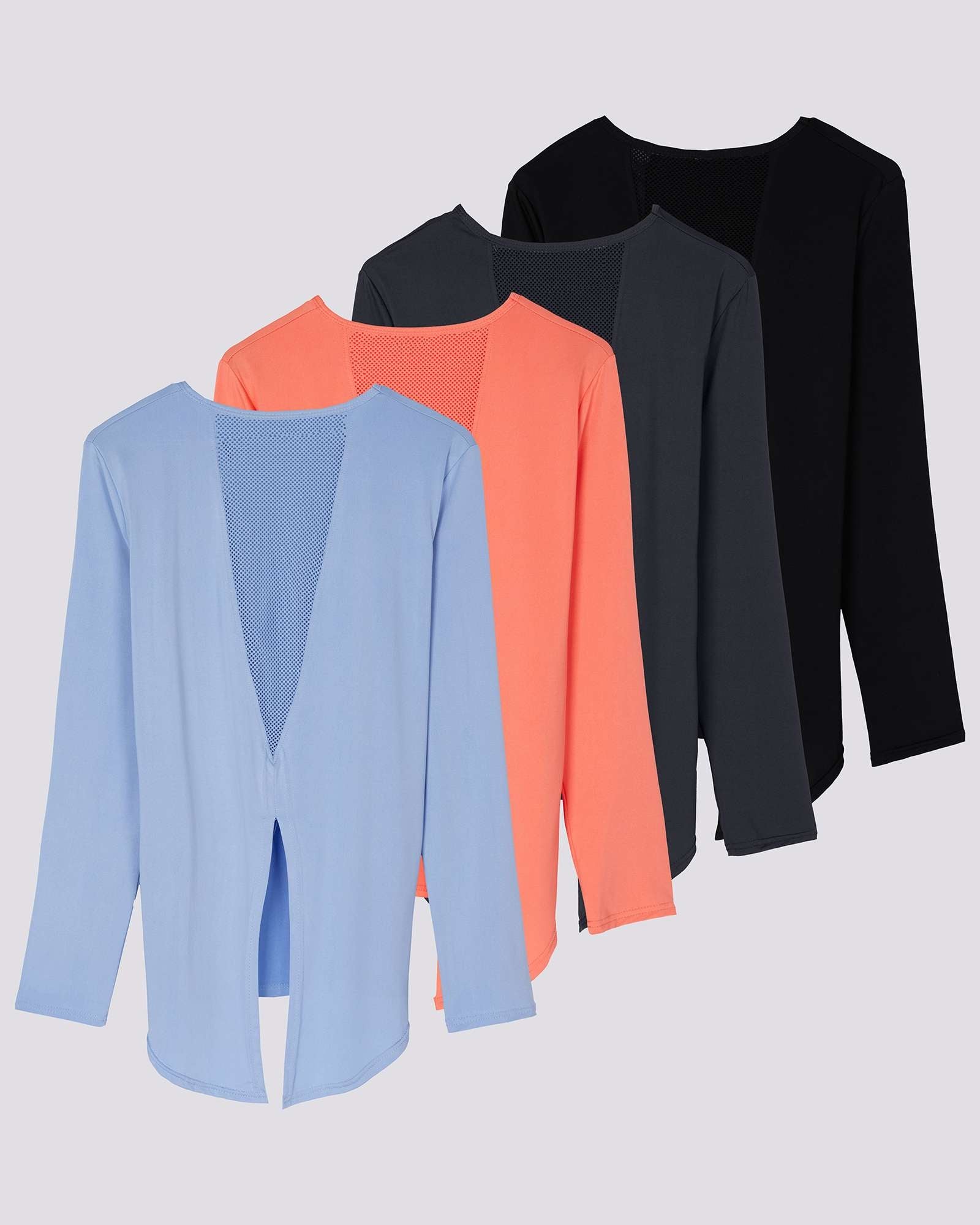 4 Pack: Women's Long-Sleeve Mesh Insert Tie Back Shirt (Available in Plus Size)