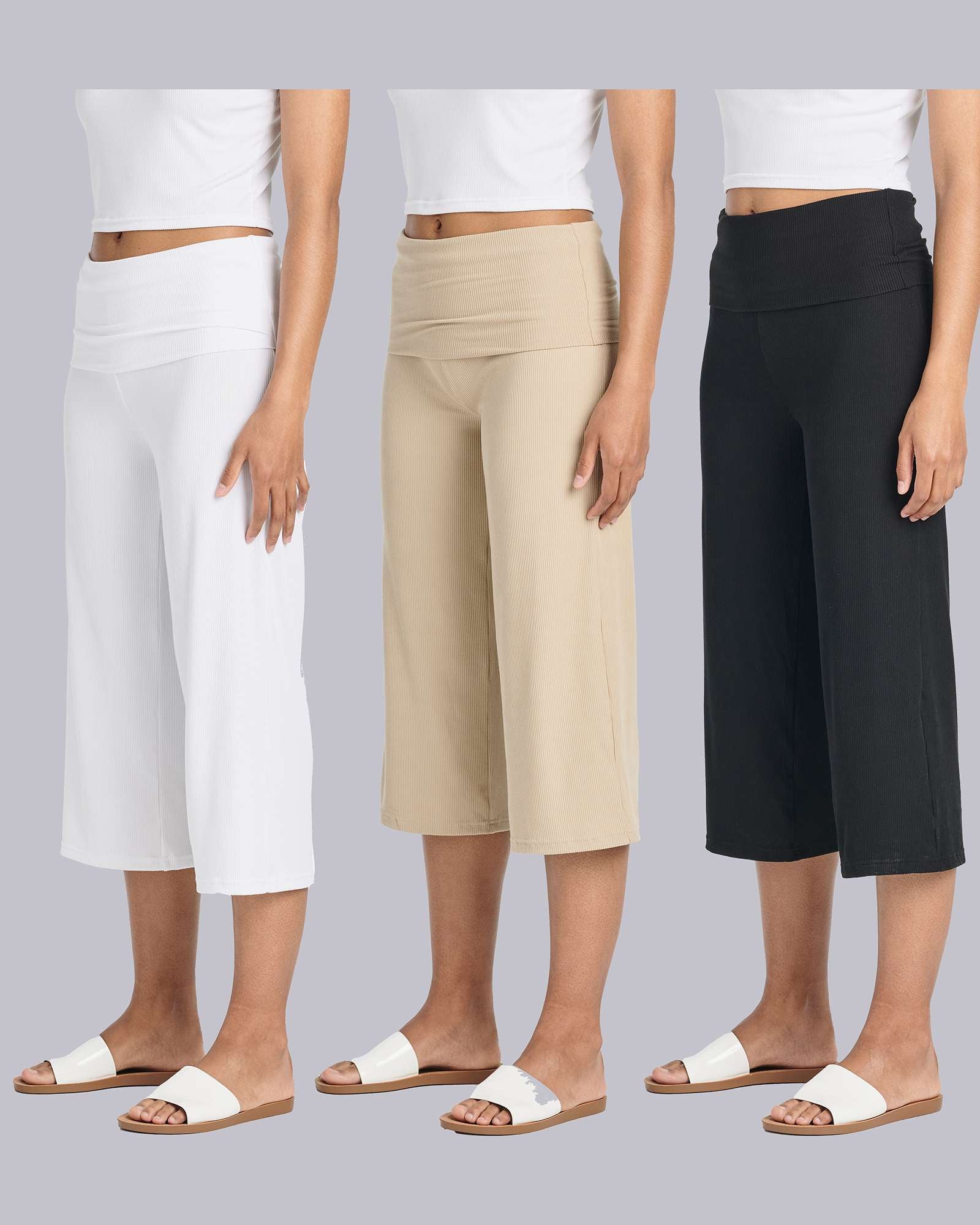 3 Pack: Women's Ribbed Foldover Wide Leg Capri Pants