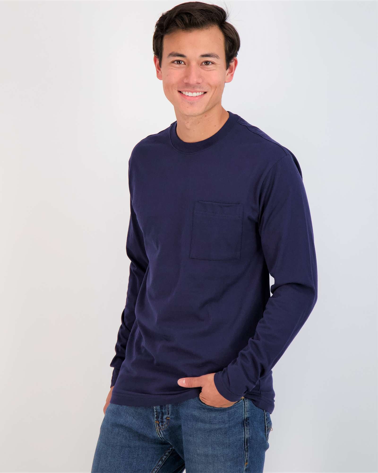 3 Pack: Mens Cotton Long Sleeve Crew Neck Pocket T-Shirt