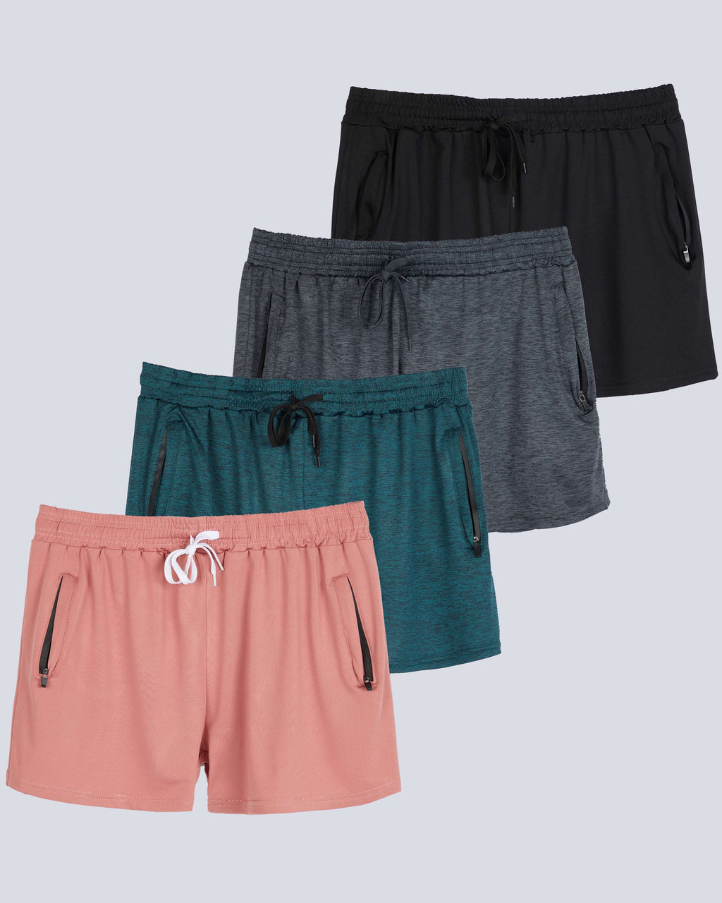 4 Pack: Womens Active Dry-Fit Shorts with Zipper Pockets