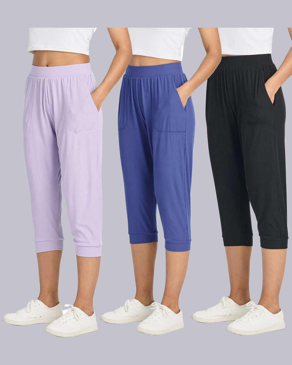 3 Pack: Women's Ribbed Capri Jogger Lounge Sweatpants