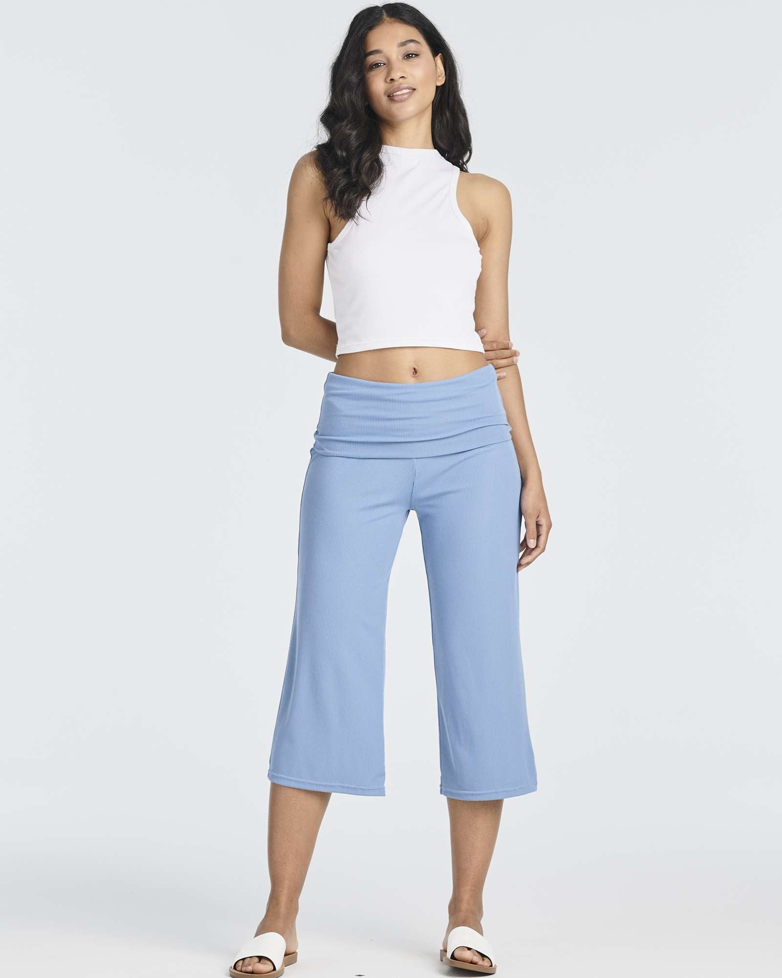 3 Pack: Women's Ribbed Foldover Wide Leg Capri Pants