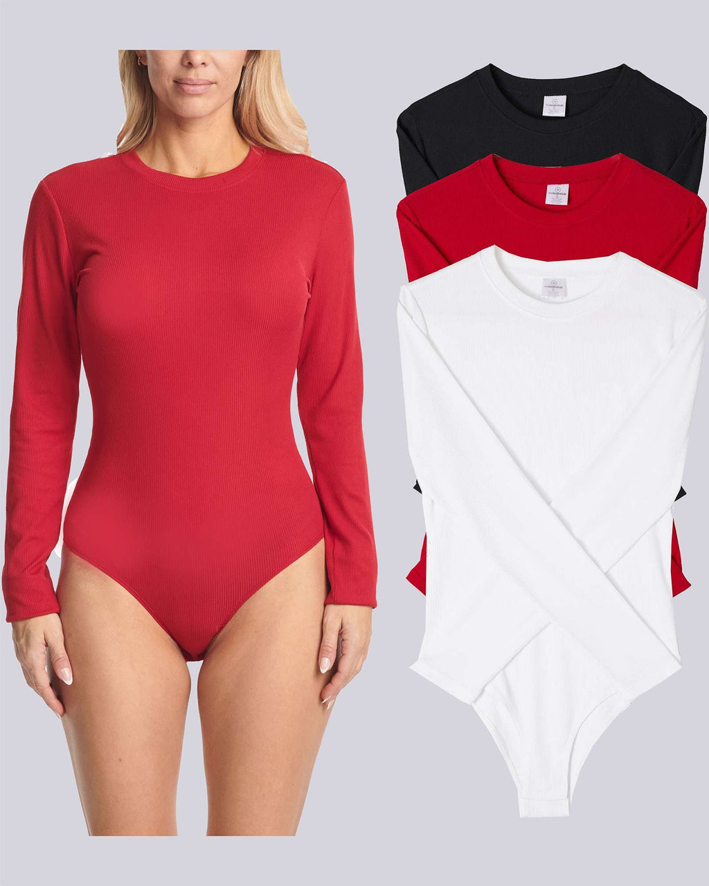 3 Pack: Women's Long Sleeve Ribbed Bodysuit