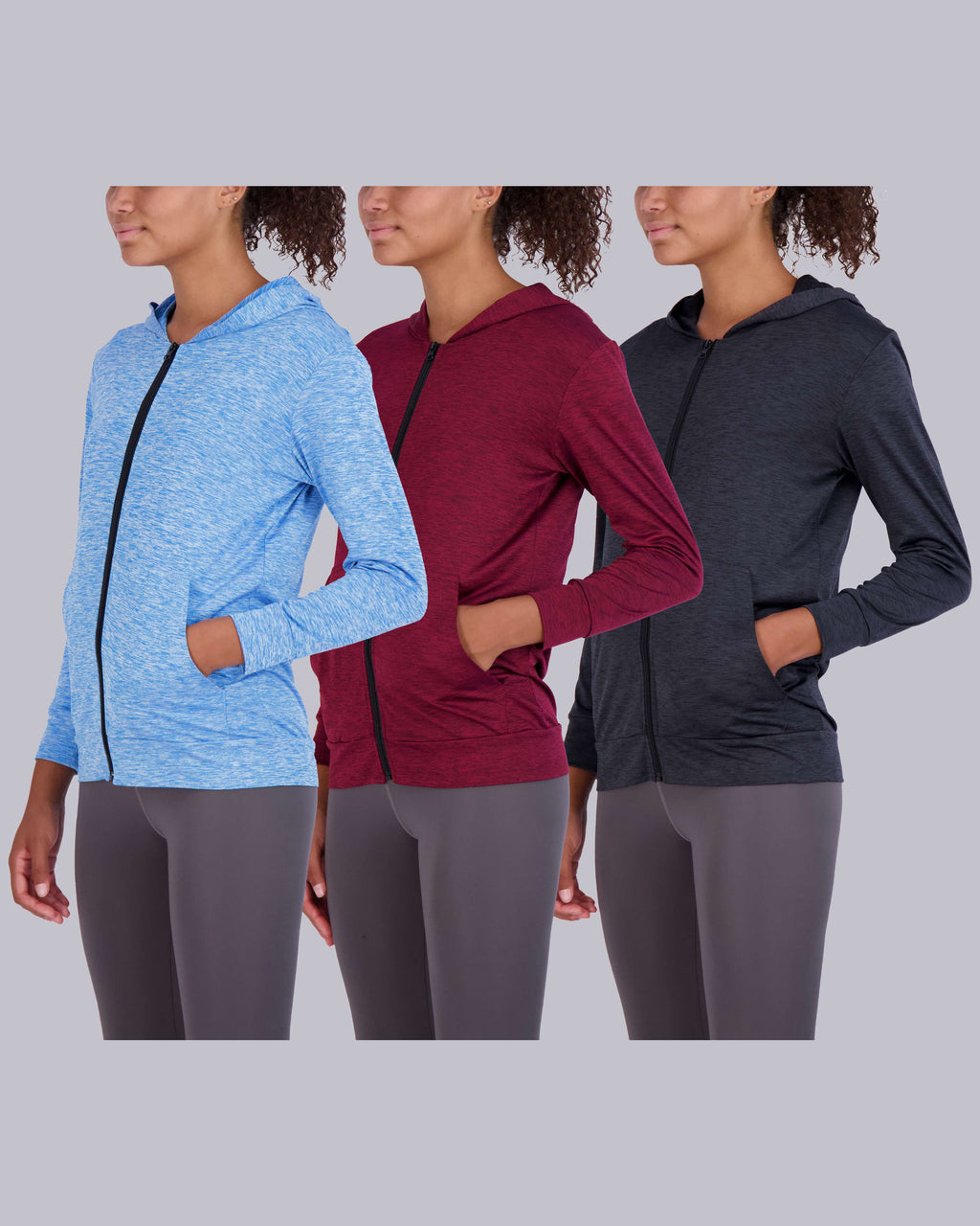 3 Pack: Womens Dry-Fit Active Full Zip-Up Hoodie Jacket